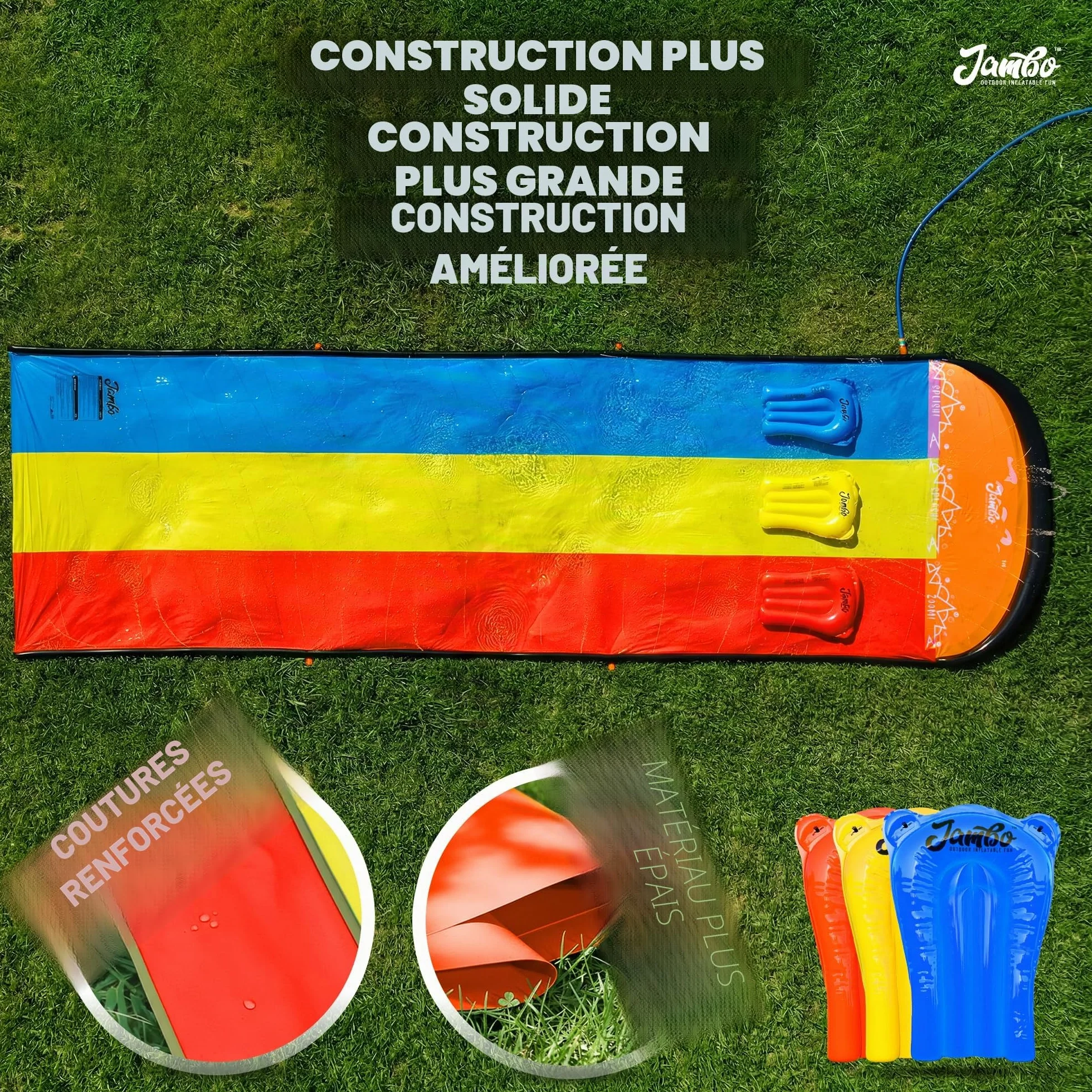 JAMBO Ventriglisse Toboggan Aquatique 610 cm Tapis de Glisse Eau Enfant Triple Piste avec 3 Bodyboards