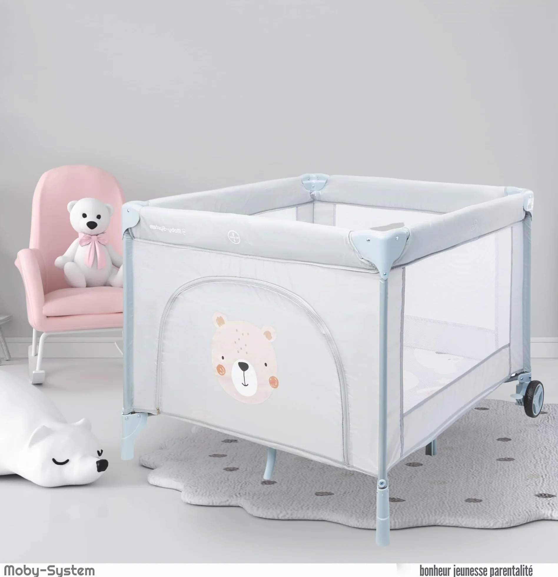 Moby-System Parc Bébé avec Matelas et Sac de Transport - Lit Parapluie Pliable, 97 x 100 x 77 cm