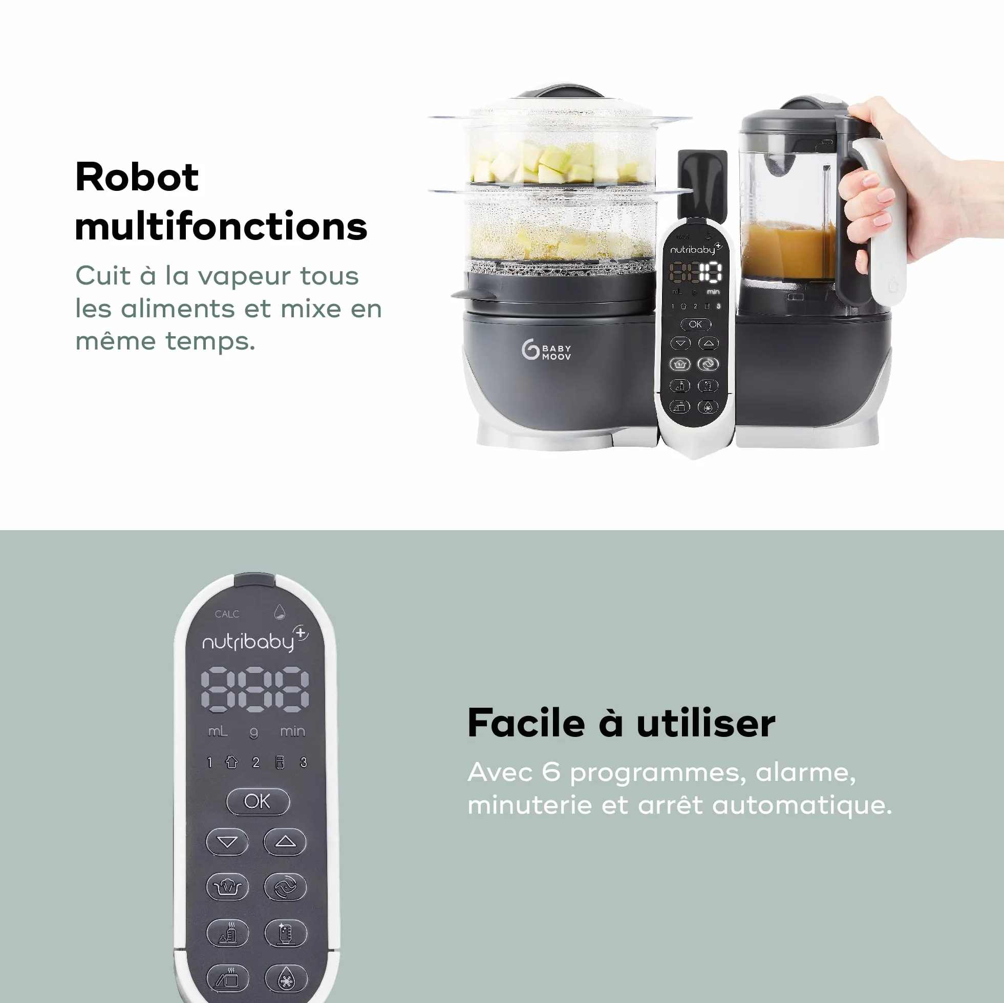 Babymoov Nutribaby+ Robot Cuiseur Bébé Multifonctions 6 en 1, Cuiseur Vapeur Mixeur, Grande Capacité 2,2L, Gris