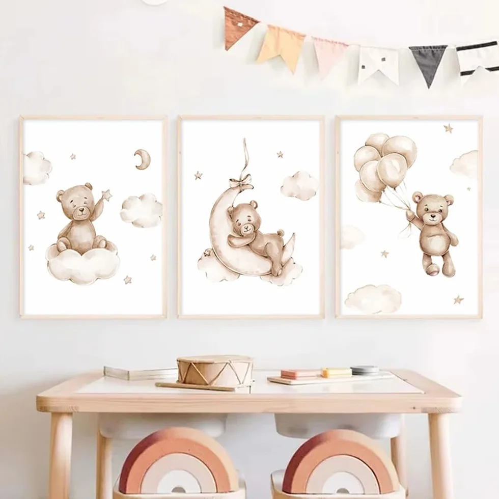 Affiche Ourson Chambre Bebe 30x40cm Poster Mural Enfant Garcon Nounours Nuage Ballon Tableau Decoration Murale Fille Cadeau sans Cadre