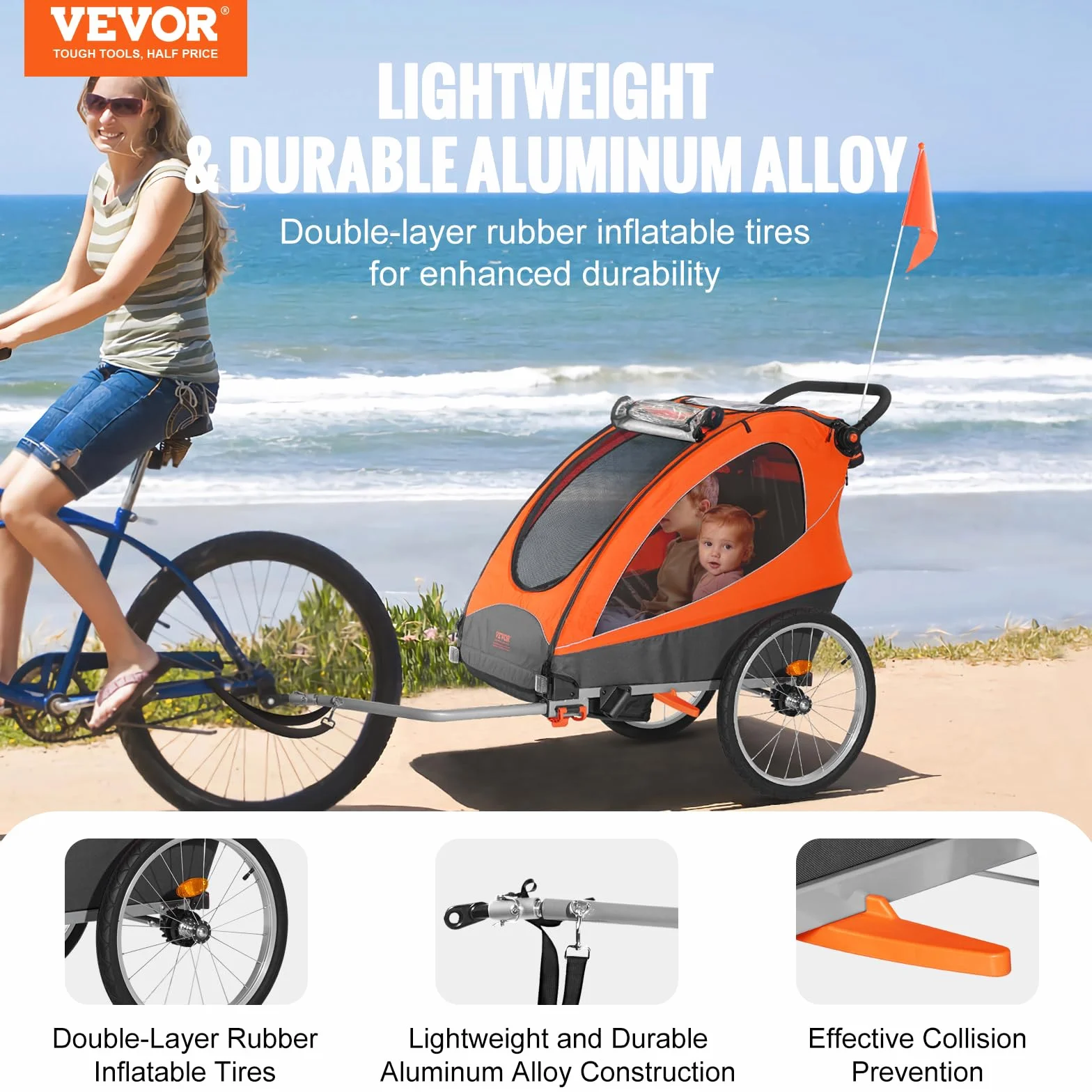 VEVOR Remorque de vélo pour Enfants Double Siège 55 kg 2en1 Pliable Poussette Orange Gris