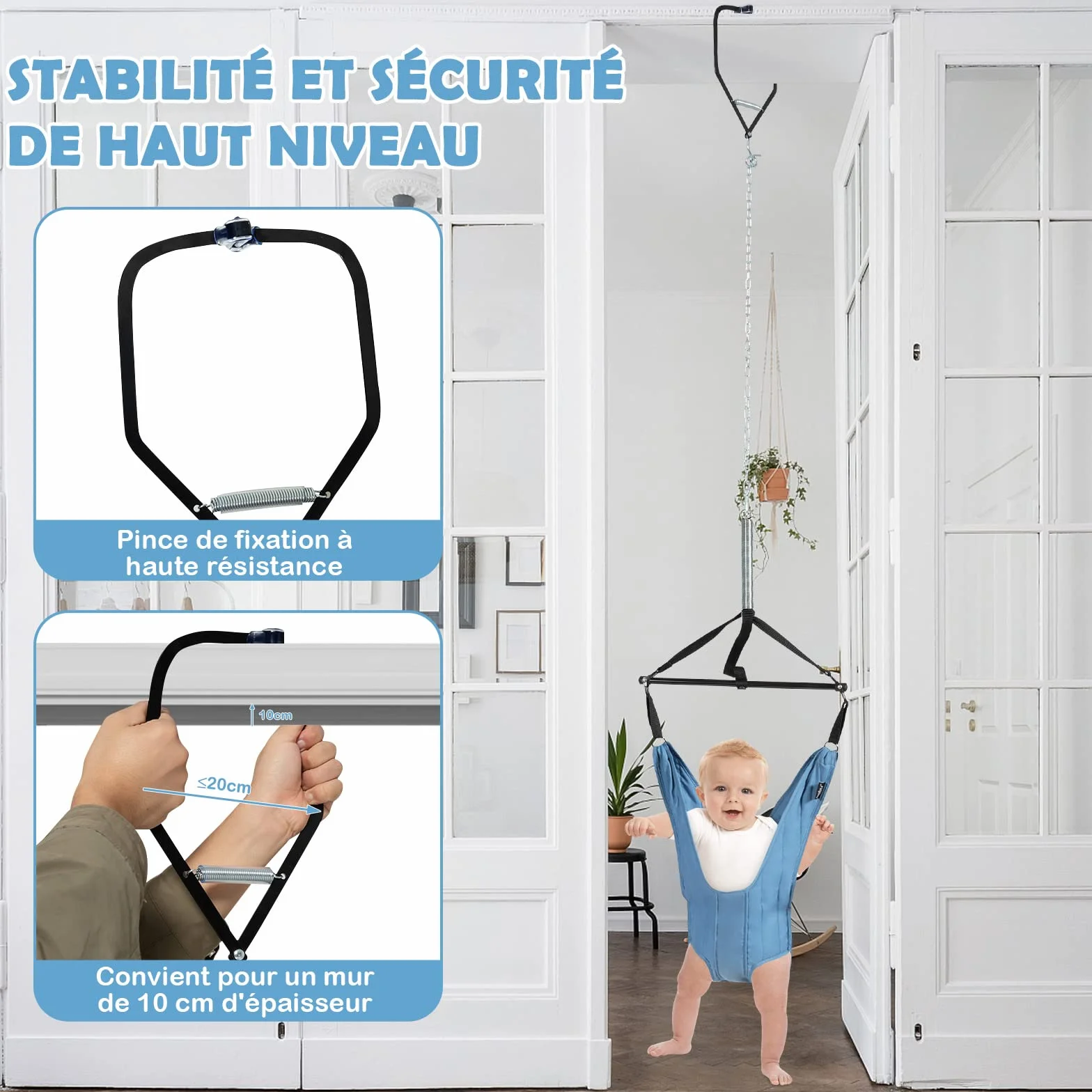COSTWAY Sauteur de Porte Bébé 6-12 Mois, Siège Suspendu Chaîne Réglable 29-93 cm, Tissu TC Tube Fer, Charge Max 12KG, Bleu