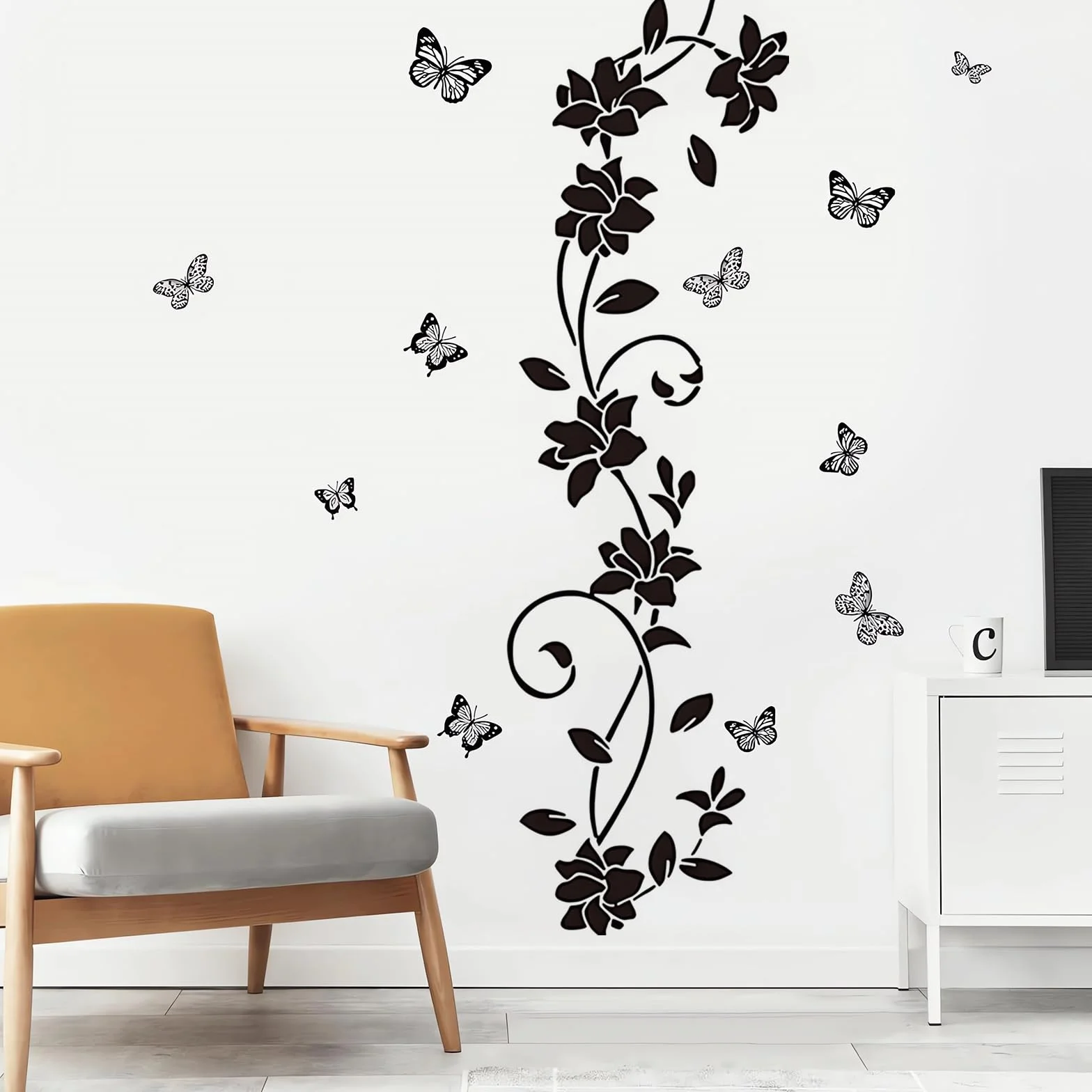 Autocollant Muraux Noir Design Moderne Fleurs Vigne Papillons PVC 30x90cm Decoration Miroir Fenêtre Salon