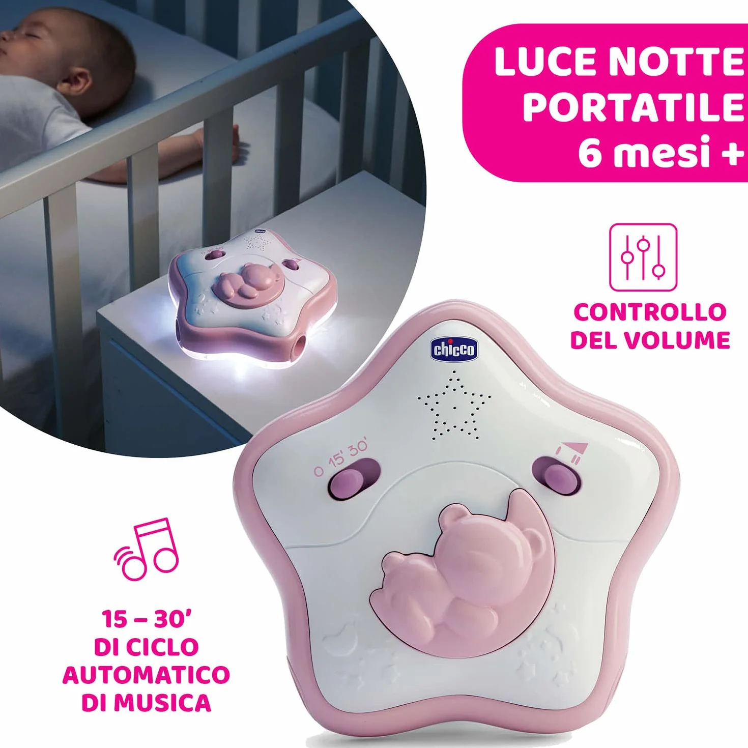 Chicco Arche Arc en Ciel Jeu de Développement 2 en 1 Compatible Lit Next2Me Panneau Berceau Veilleuse Musique Pendentifs Jouet Bébé 0+ Mois Rose