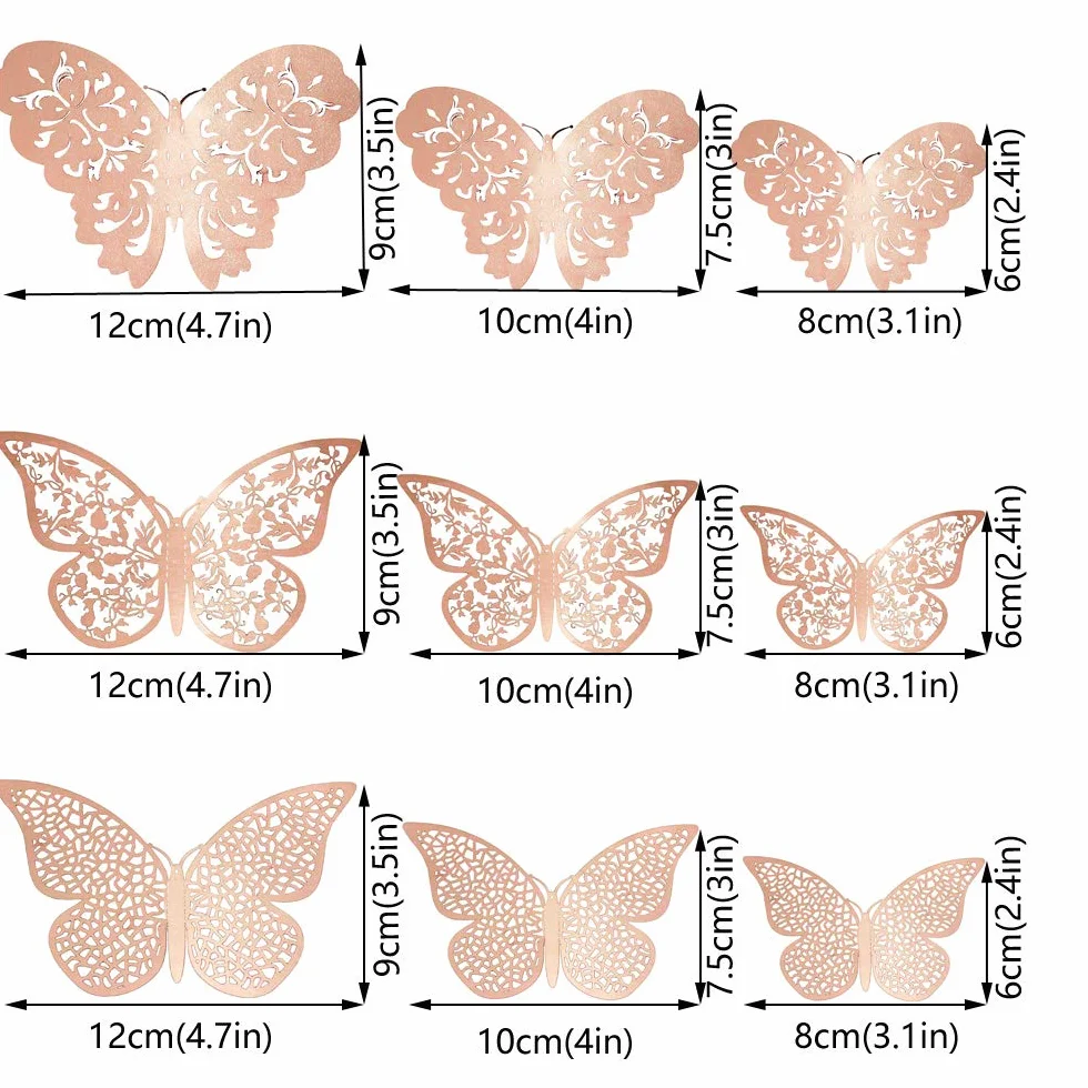 36 Pièces 3D Papillons Décoratifs Autocollants Muraux DIY Art Stickers Chambre Bébé (Rose Rouge)