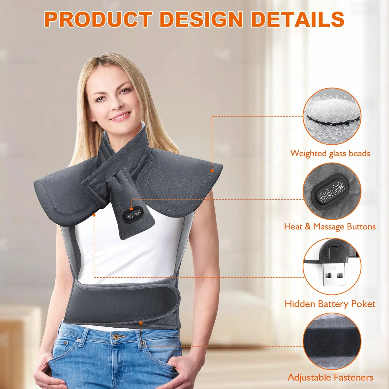 Coussin Chauffant avec Batterie 10000mAh 3 Niveaux Réglage Température 3 Modes de Massage Arrêt Automatique