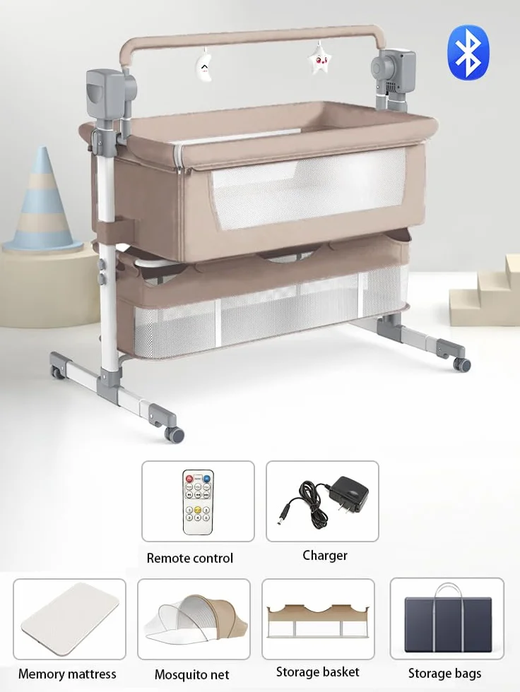 Lit Cododo Bébé Électrique Bluetooth Intelligent Convertible avec Télécommande, Musique et Balancement 5 Vitesses, Pliable avec Matelas (601 Beige)