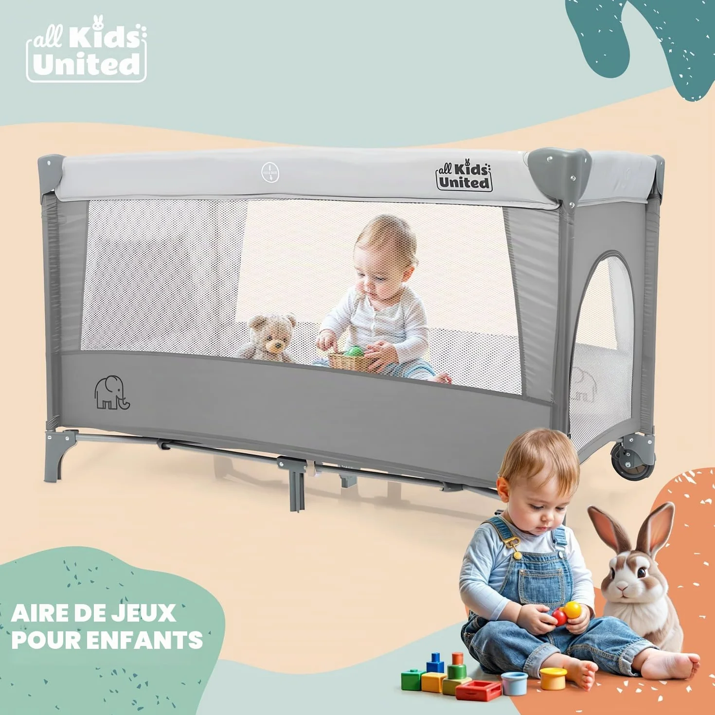 Lit de Voyage pour Bébé Deluxe all Kids United avec Matelas à Langer et Mobile Gris