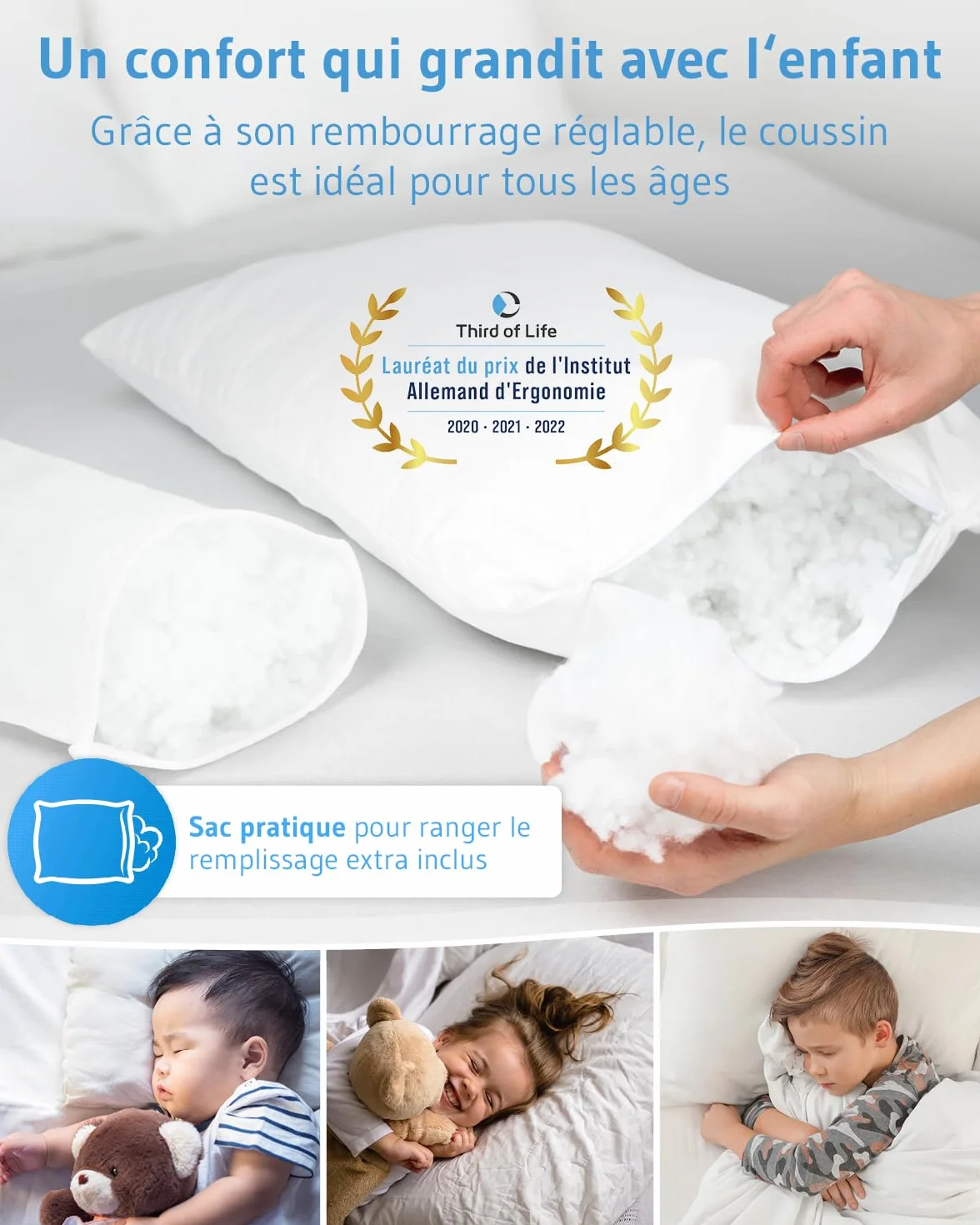 Oreiller pour Enfant 40x60 Oeko-TEX® Hauteur réglable Coussin Durable Housse en Coton Bio Lavable en Machine