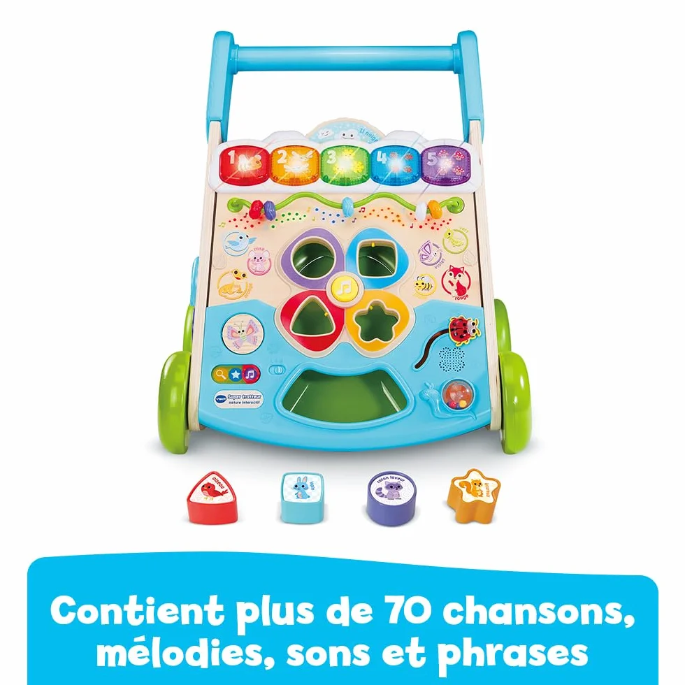 VTech Super Trotteur Nature Interactif, Trotteur Bébé 2 en 1 en Bois, Tableau d'Activités, Apprentissage de la Marche, Cadeau Bébé 9 Mois