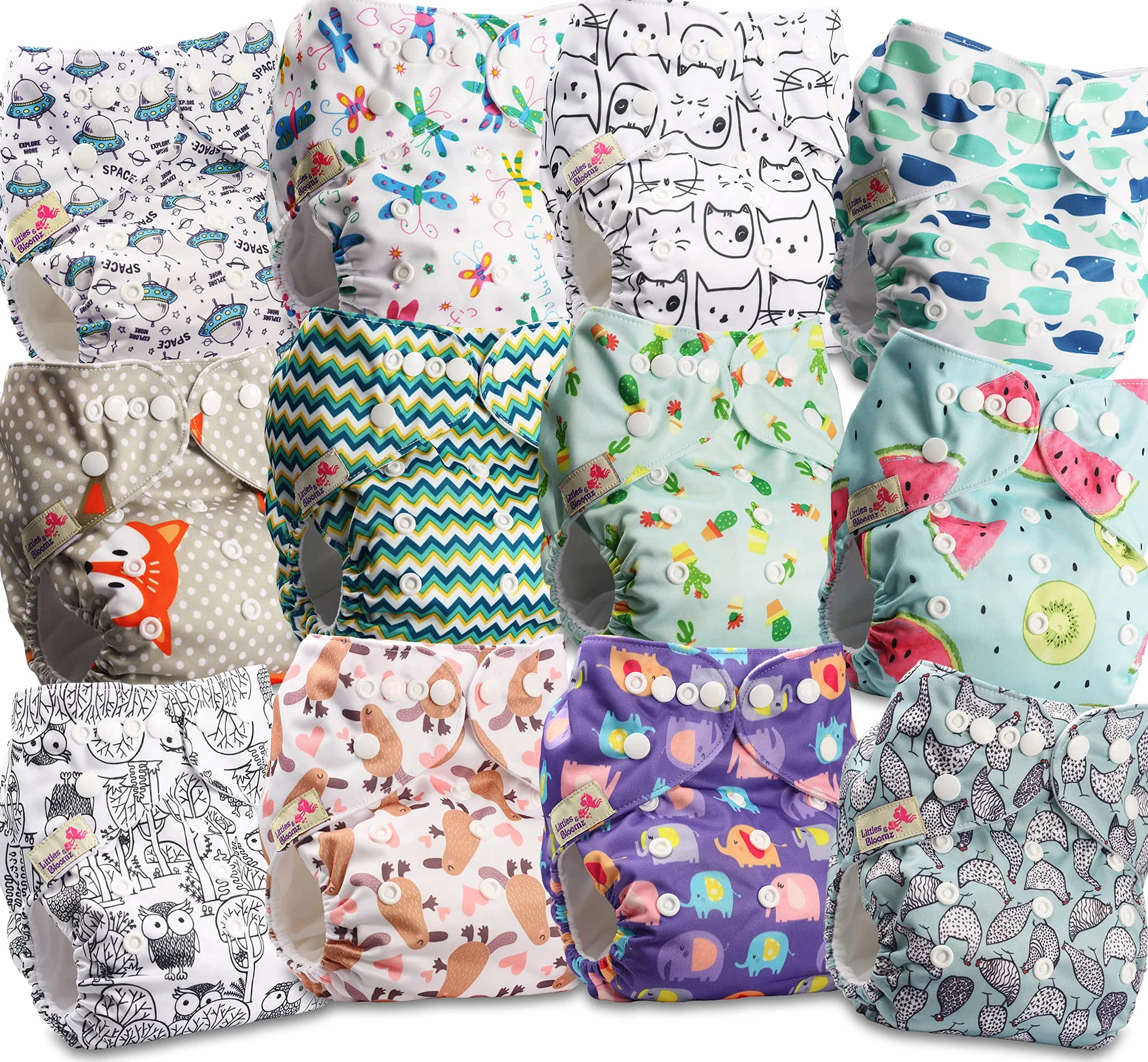 Littles & Bloomz Lot de 12 Bébé Couches Réutilisables en Tissu Couche Lavable à Poche avec Bouton Pression
