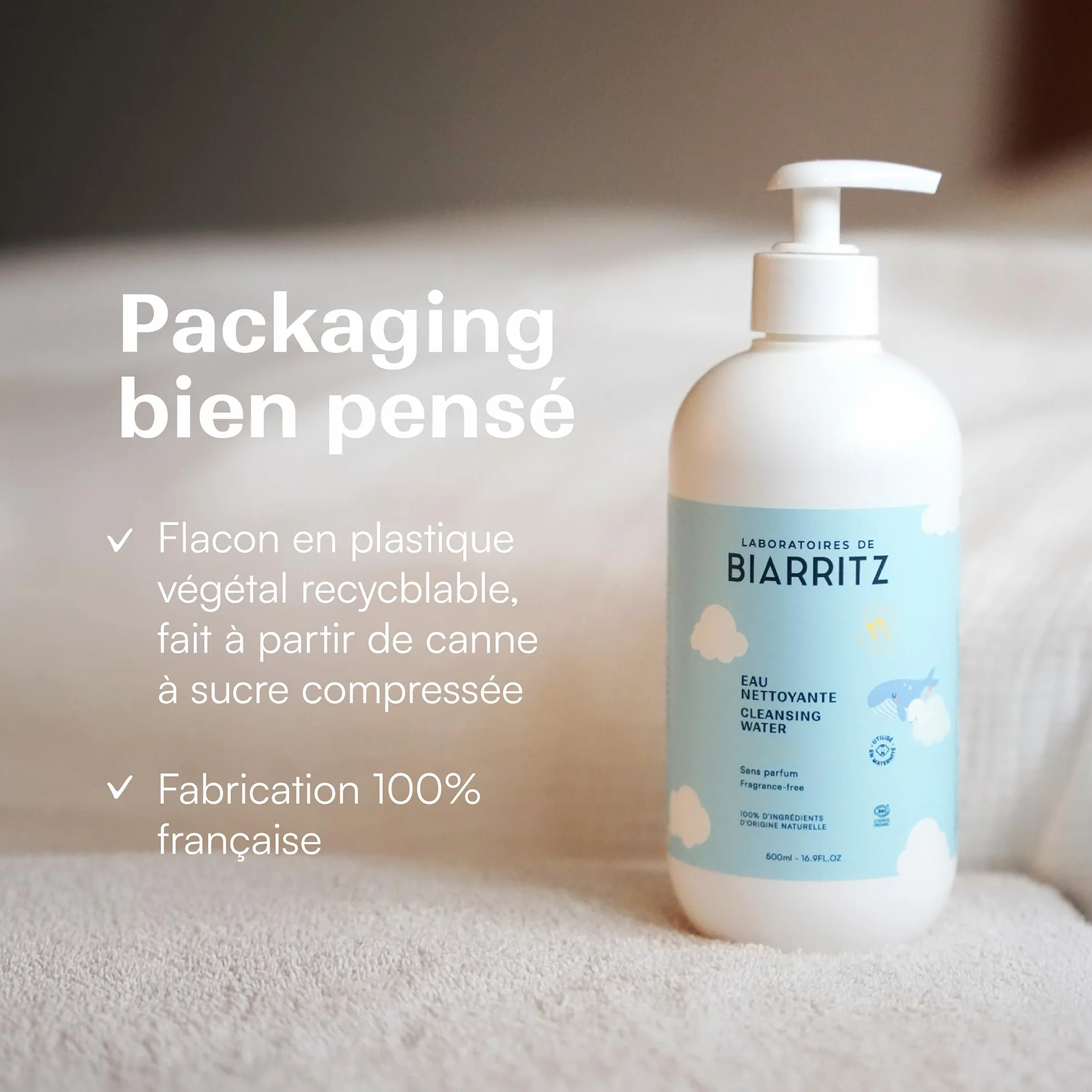 Laboratoires de Biarritz Eau Nettoyante Micellaire Bébé Certifiée Bio 500 ml Fabriquée en France