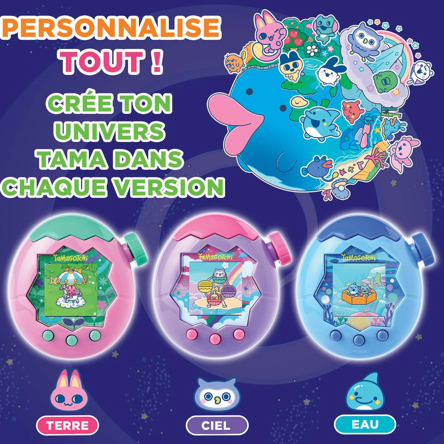 Bandai Tamagotchi Paradise Ciel Animal Virtuel à élever avec molette de Zoom Jouet Interactif français Violet Rose