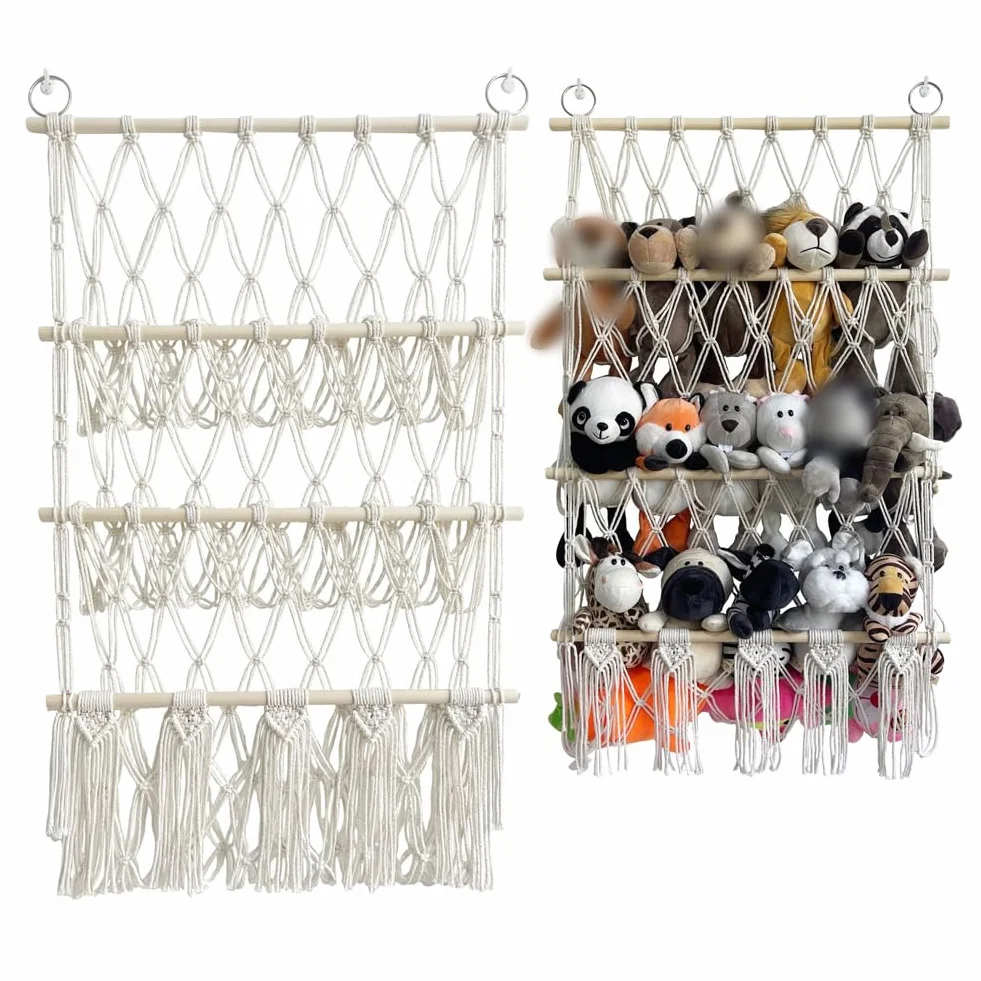 Hamac de Rangement pour Jouets Tissée à la Main en Corde de Coton à Suspendre Support de Rangement Peluche