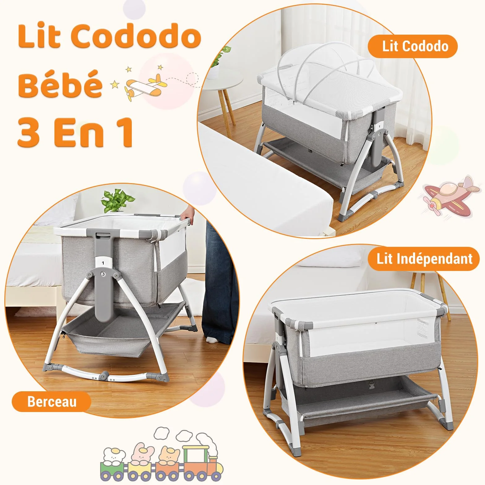 Lit Bébé Évolutif 3 en 1 Convertible Cododo avec Moustiquaire, Matelas, Bascule, 7 Hauteurs Réglables, 0-36 Mois