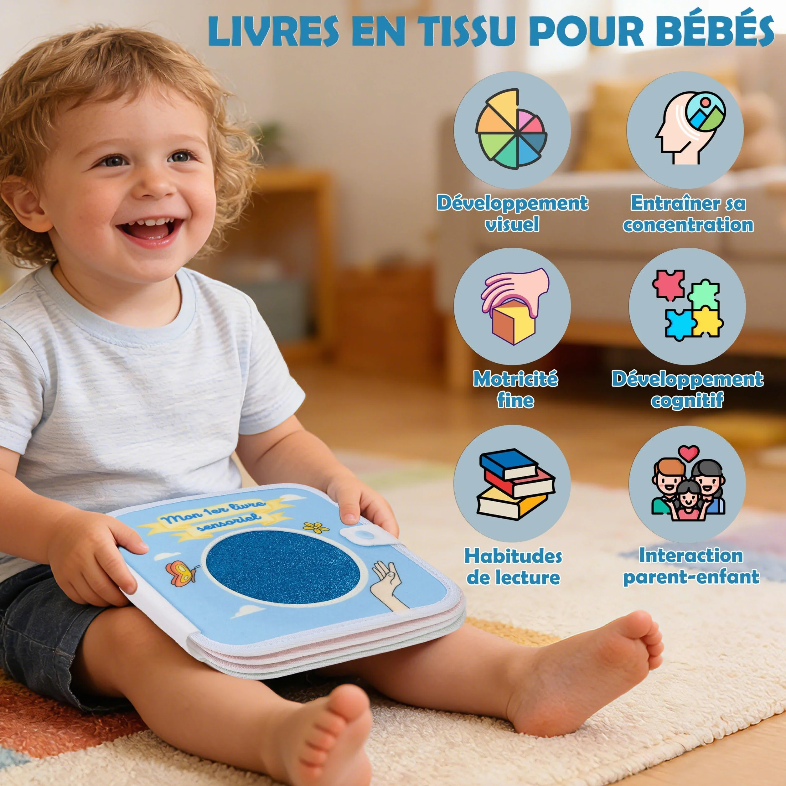 The Little Ones Malin I Livre sensoriel d'éveil Montessori motricité fine français bébé 1-3 ans busy board animaux textures pages couleurs