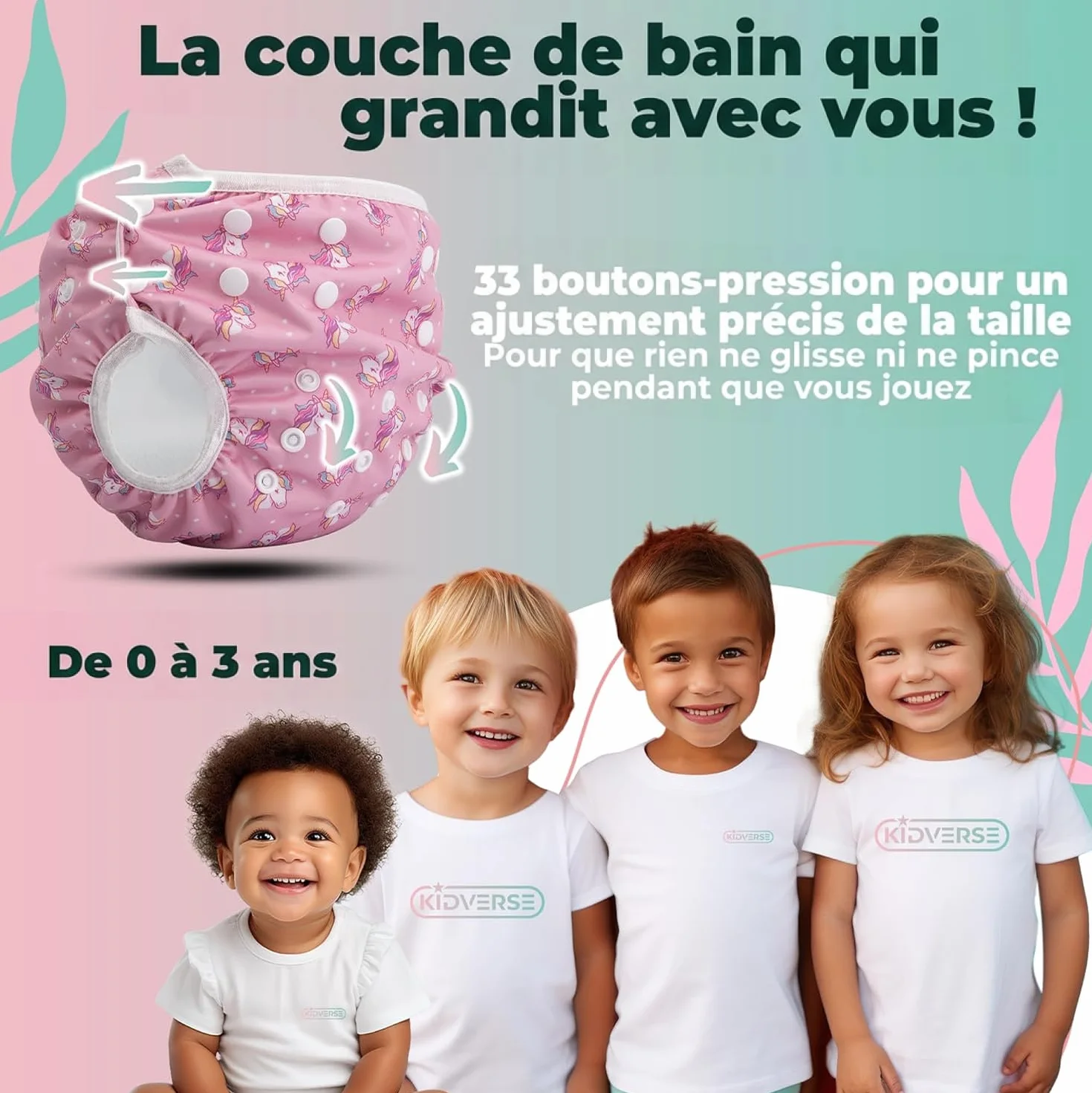 KIDVERSE Couche de Bain Bébé 0-3 Ans Réglable Réutilisable Lavable avec Pochette Fille Garçon