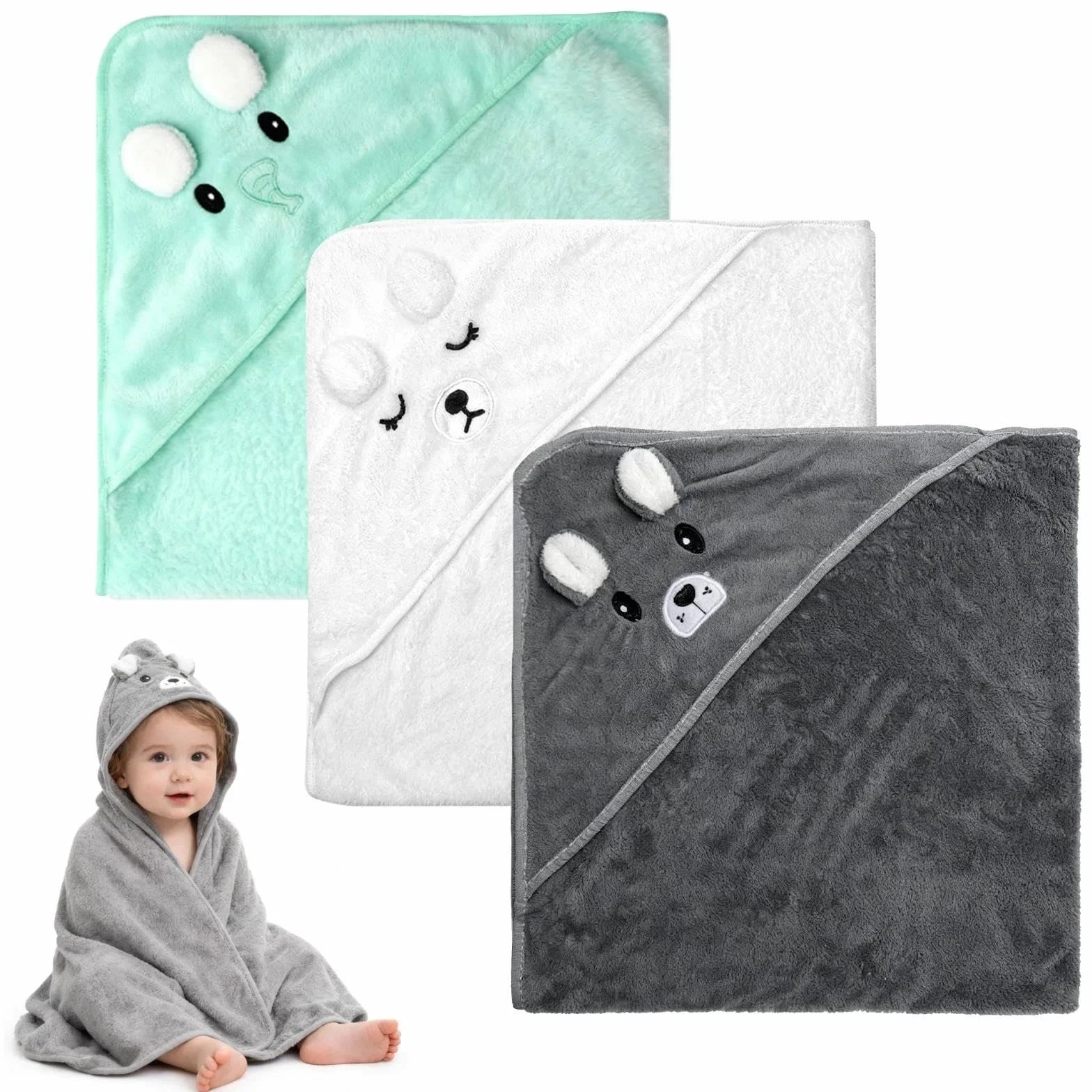 Lot de 3 serviettes à capuche pour bébé 80 x 80 cm serviette de bain