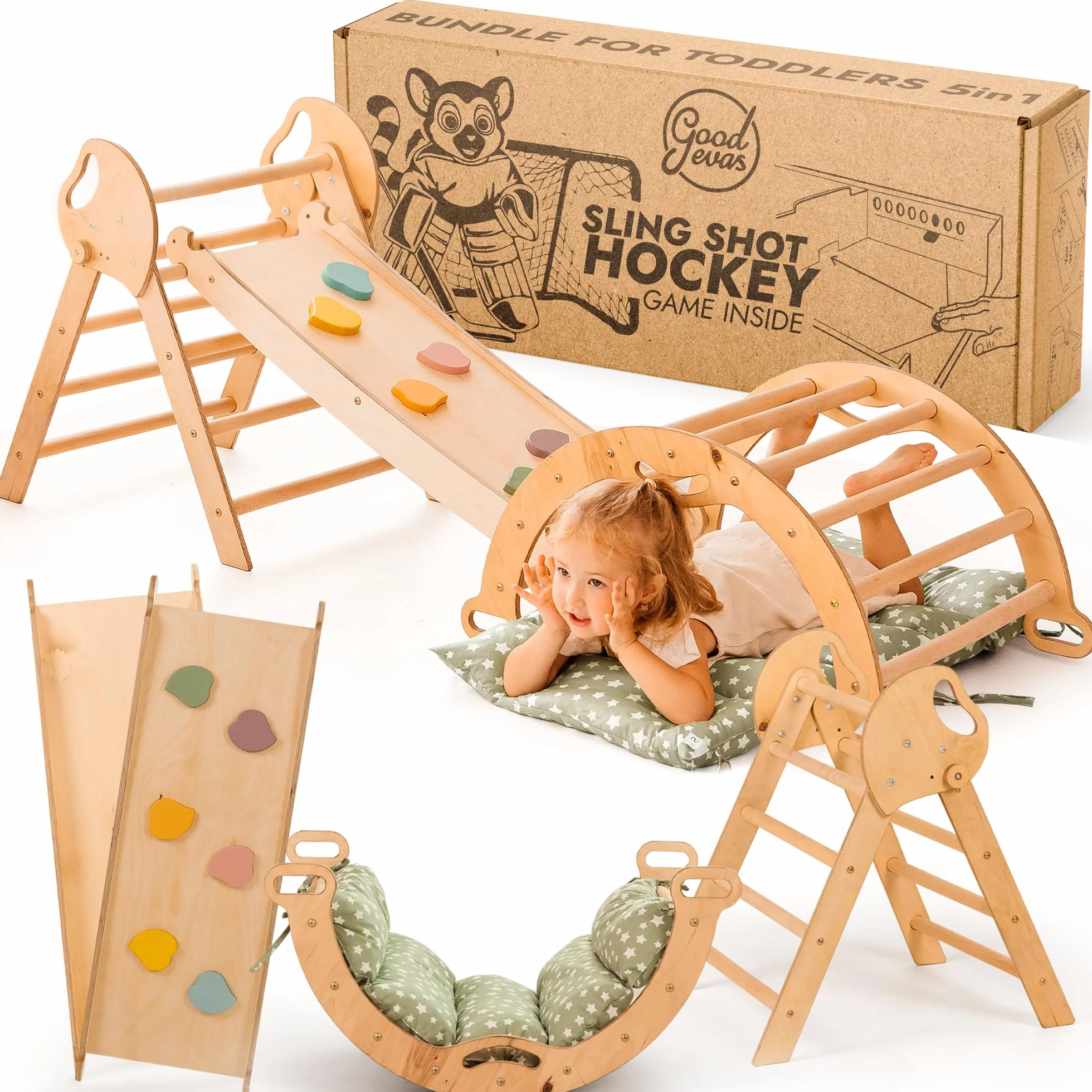 Goodevas Montessori Kit d'escalade 5 en 1 triangle d'escalade d'intérieur arche avec coussins toboggan pour enfants aire de jeux 1-3 ans