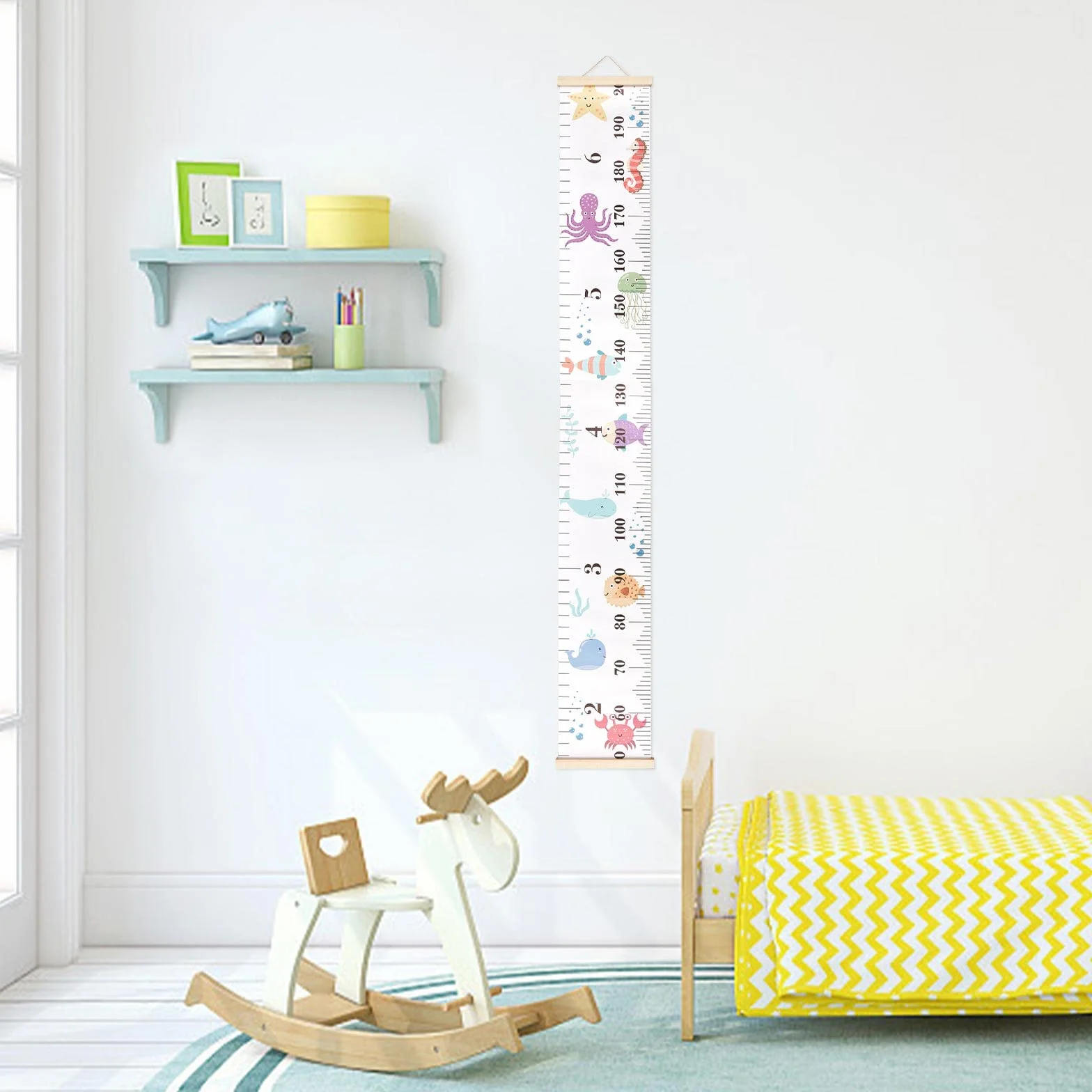 CREATCABIN Tableau Croissance Animaux Mer Tissu Toile Hauteur Mesure Règle Cadre Bois Suspendu Amovible Dessin Animé Règle Murale Décoration Chambre Enfant