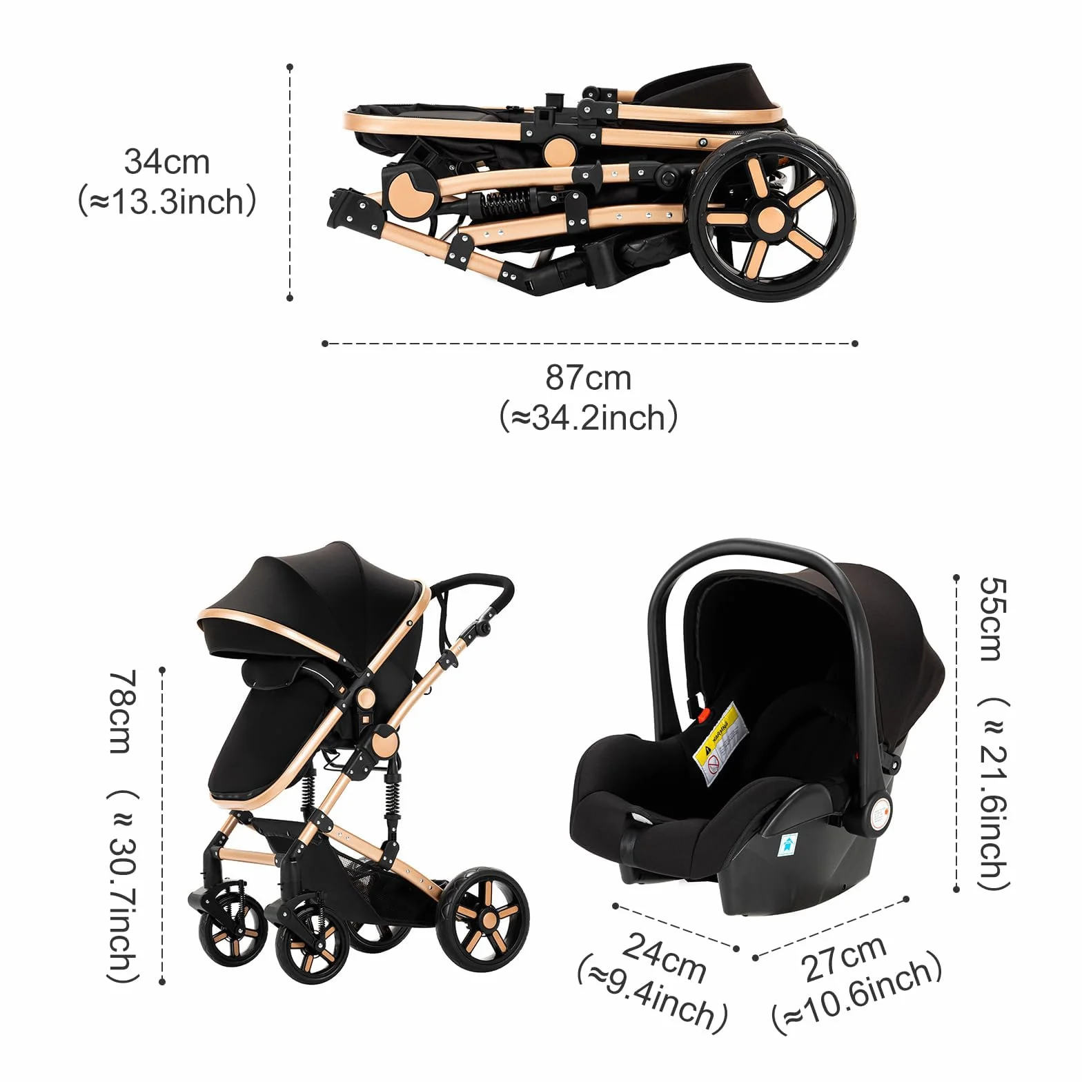 Poussette 3 en 1 avec Double Modes de Poussée Réversibles, Grande Nacelle Confortable, Cadre Aluminium Haute Paysage (588 Black)