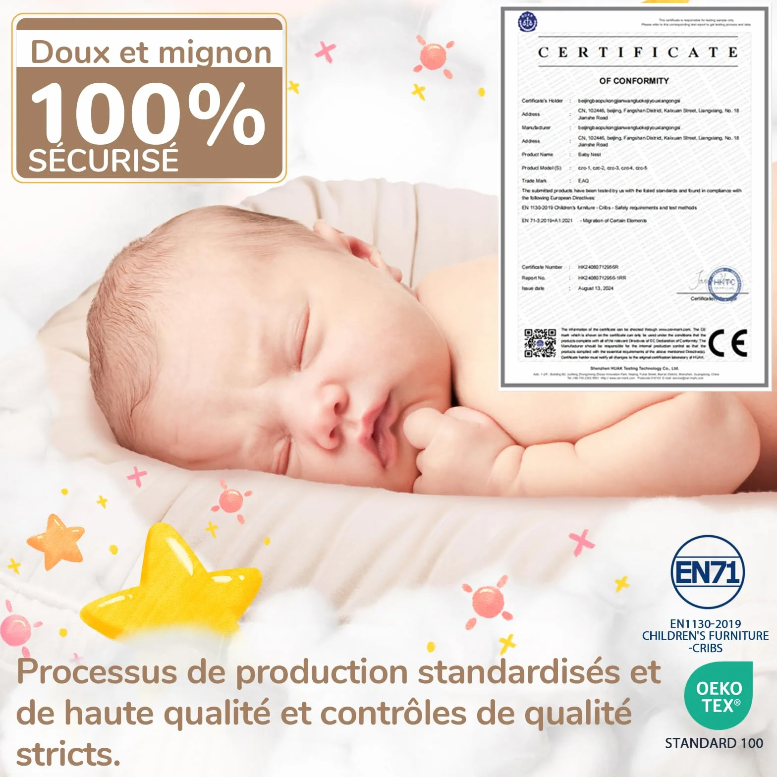 EAQ Couffin de Voyage Bébé 100% Coton Nid Cocoon Lit Nouveau-né, Amovible Lavable