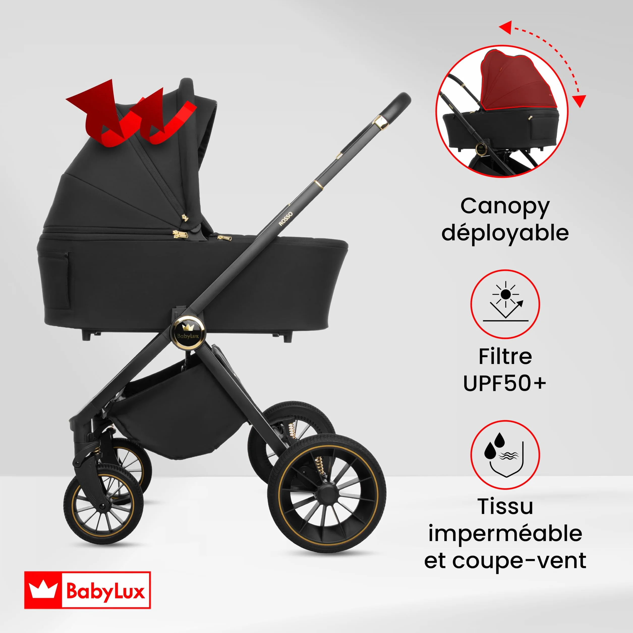 BabyLux Poussette 3en1 Set Rosse, Pliable Léger Poussettes Combinées Baignoire Bébé, Buggy Siège Sport, Coque Bébé I-Size, 4 Positions Couchage, 0-22kg