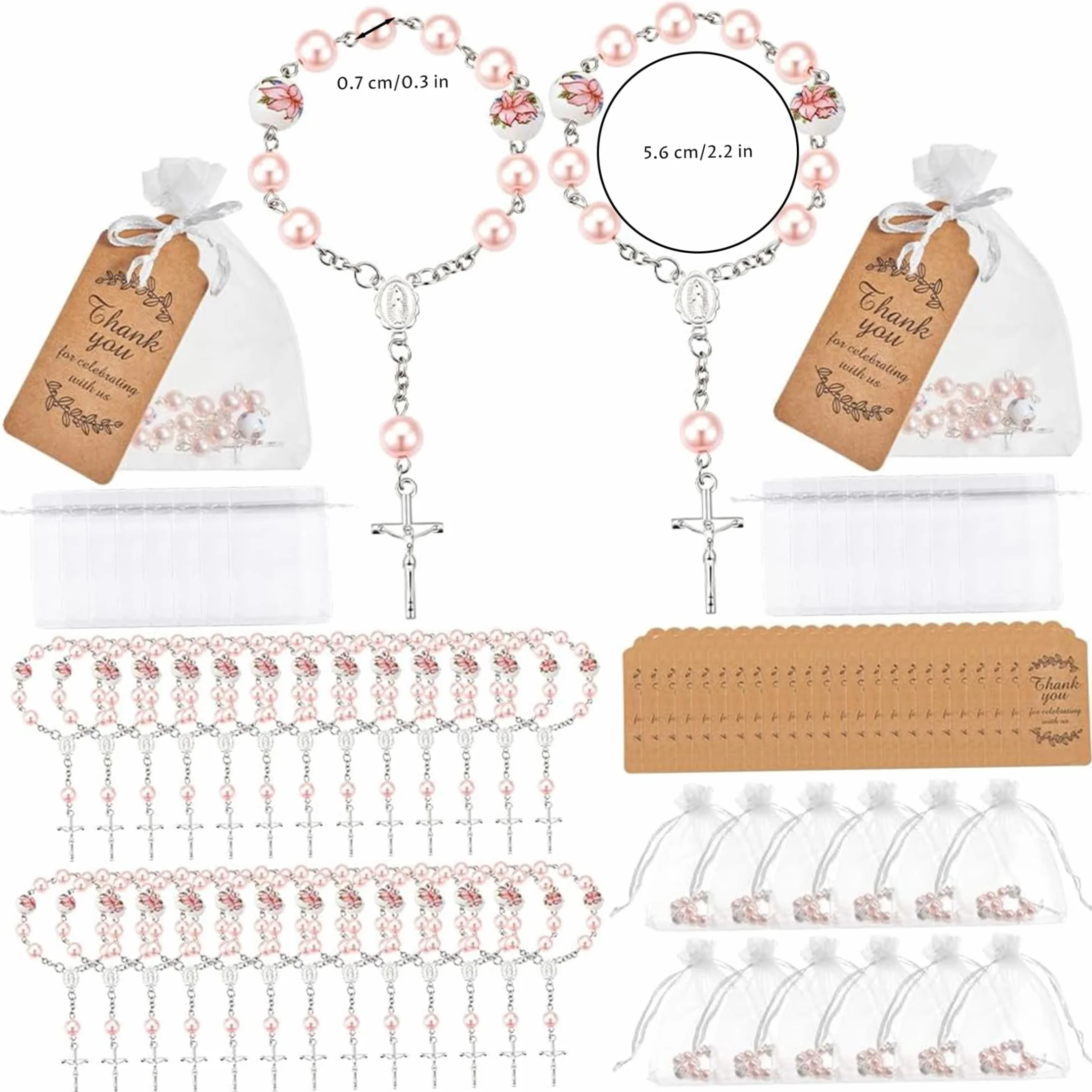 Chapelet de baptême 50 pièces perles fleurs céramique pendentif croix 2 pouces