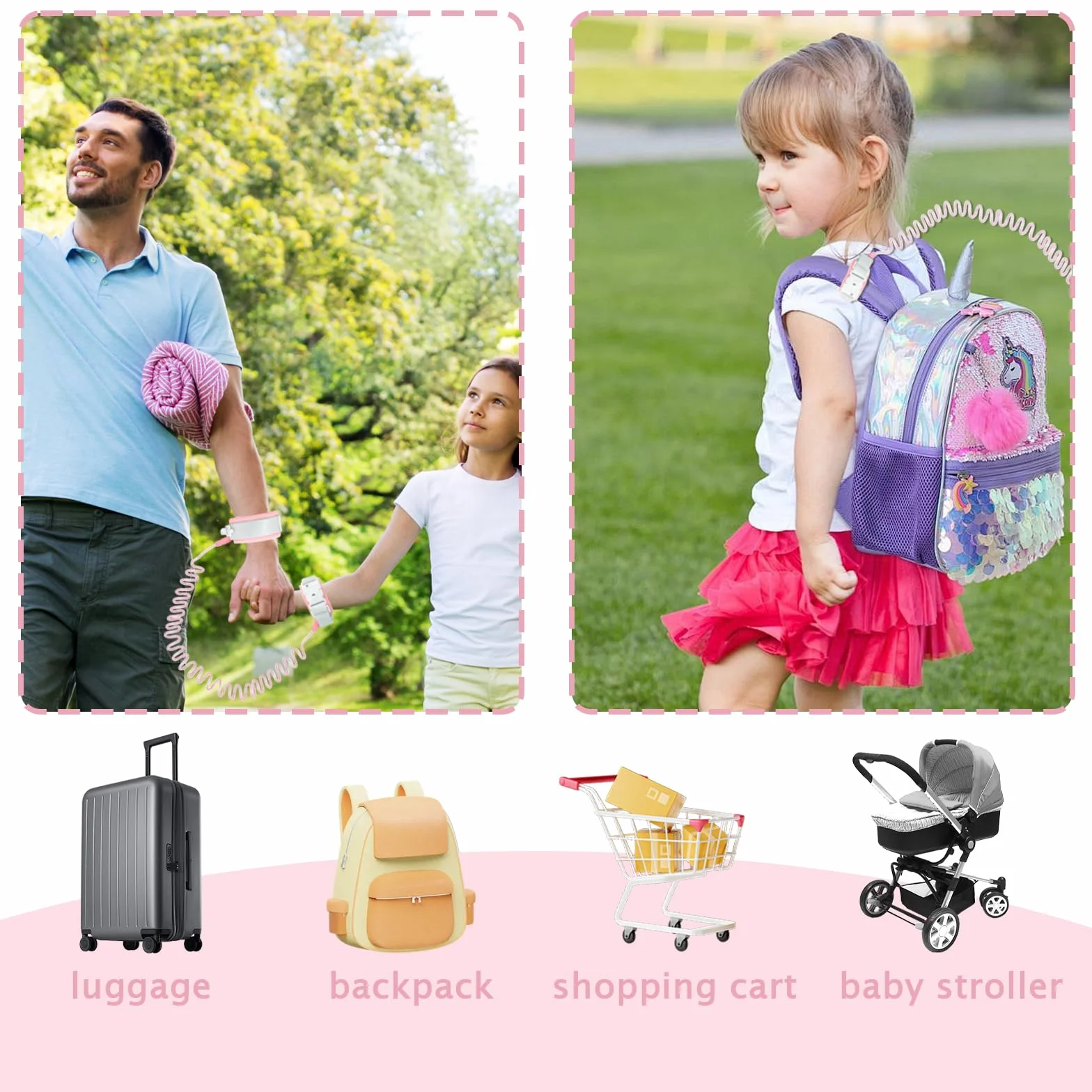 Bracelet anti-perte sécurité bébé enfant avec cordon perdu 1,5 m rose antivol bagages aide marche