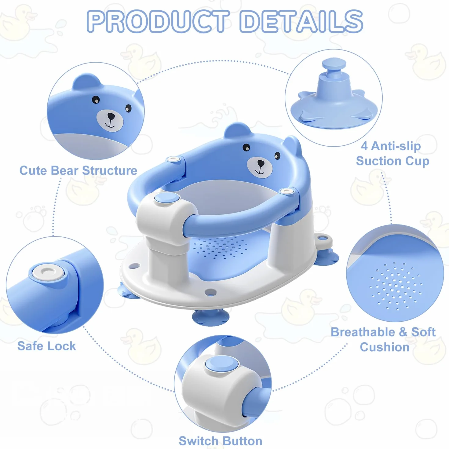 Siège de Bain Bébé 6 Mois Antidérapant 4 Ventouses Coussin Bleu