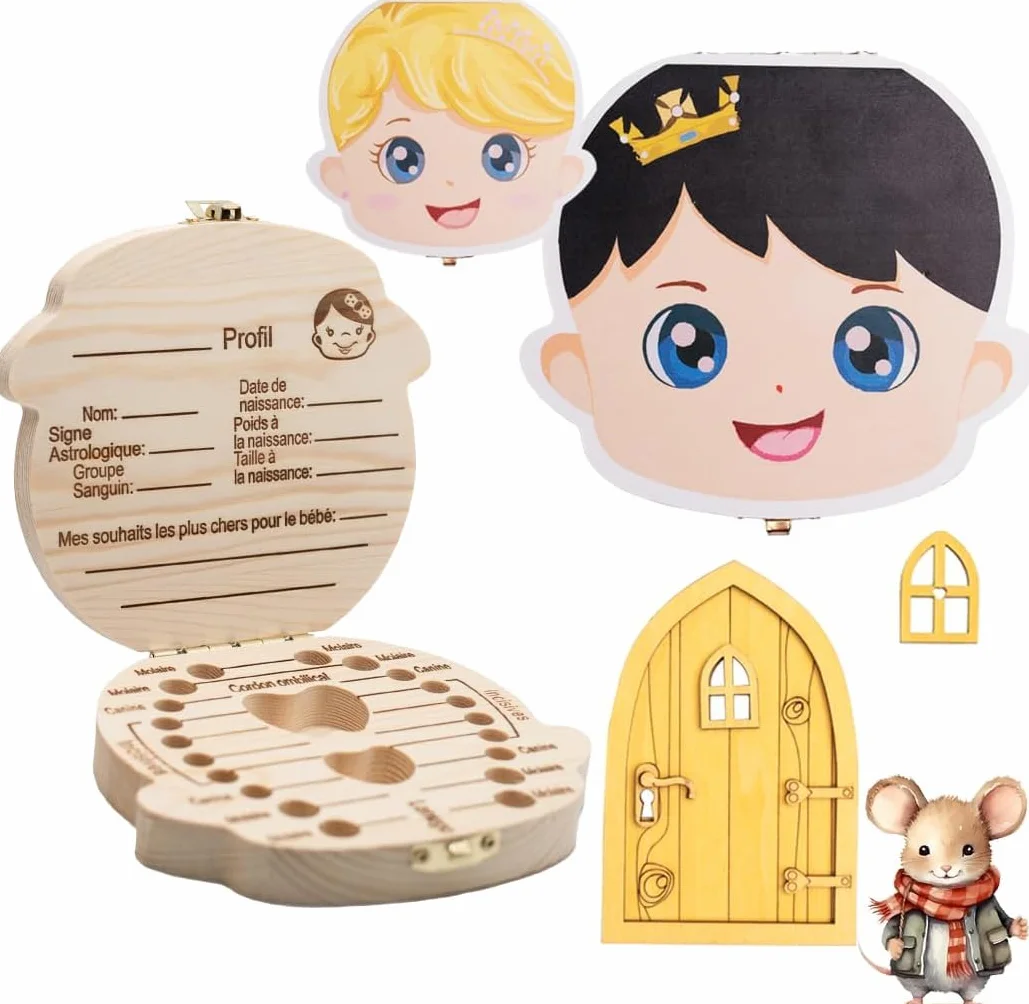 Pack Porte Souris et Boîte à Dents Bébé Garçon Fille - Boîte à Souvenirs Cadeau Naissance Bois Naturel