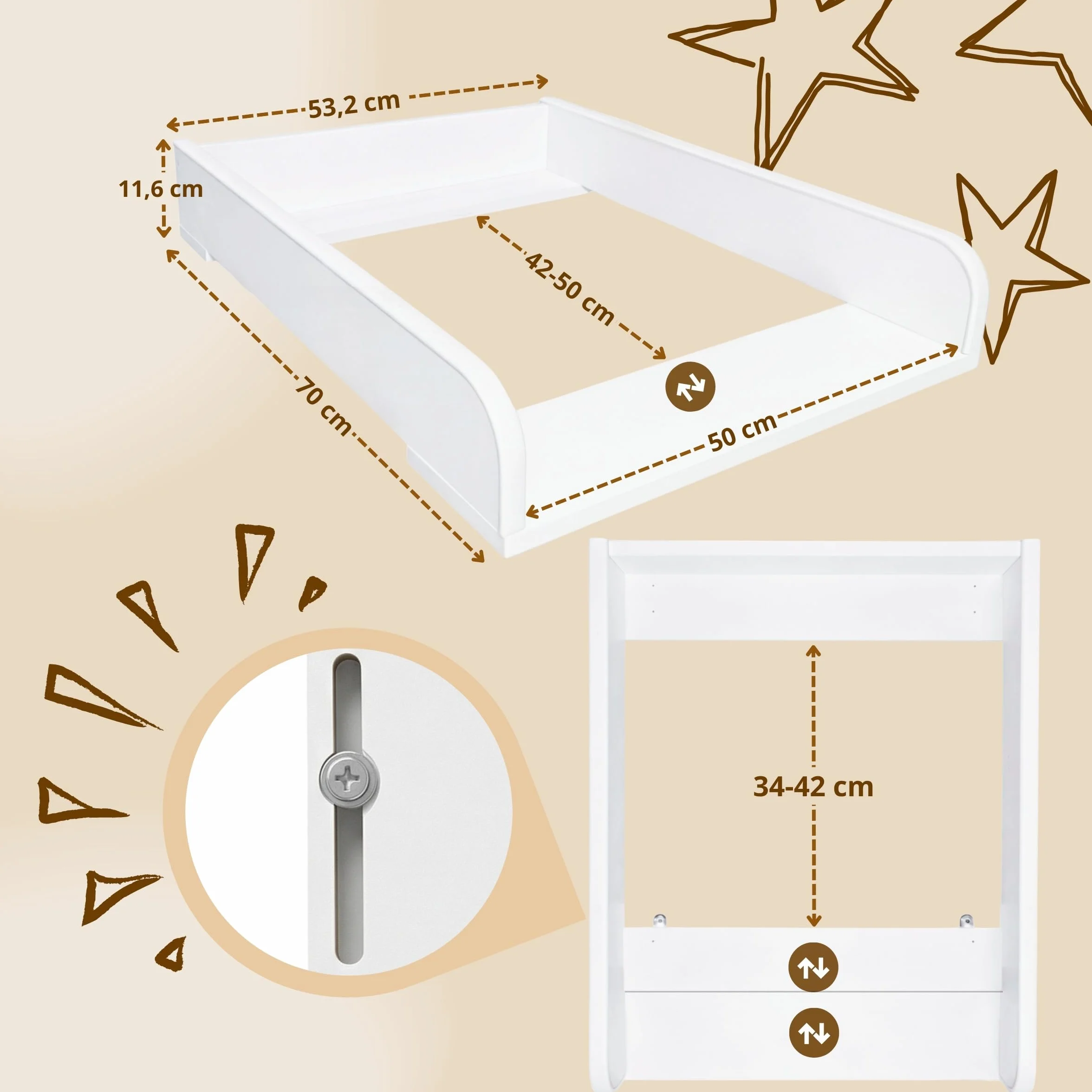 Table à langer bébé Blanc 53,2 x 70 cm Réglable extensible 34–50 cm Bords surélevés