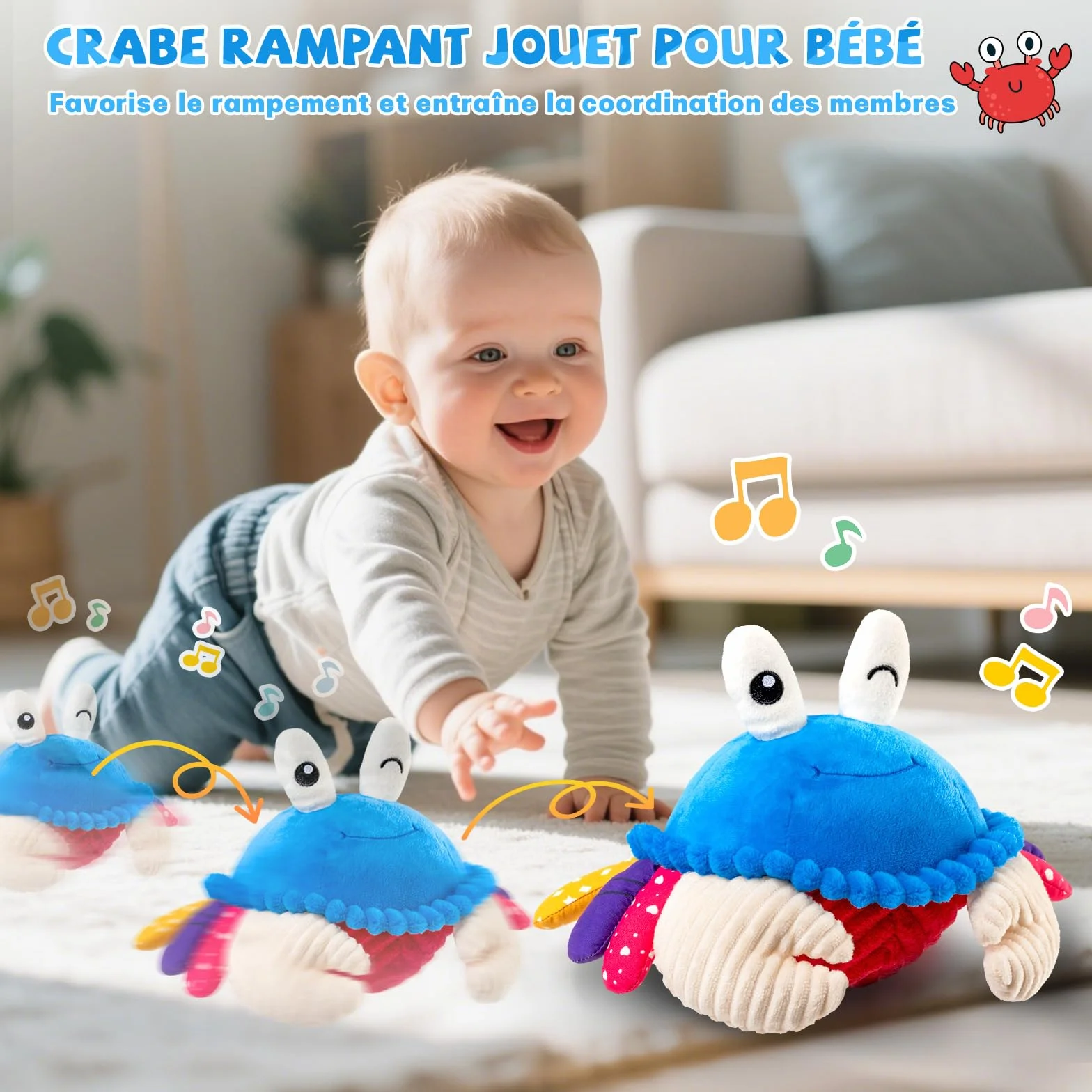 SAIMAND Jouet Bébé 6-18 Mois Peluche Crabe Musicale Interactive avec Enregistrement Jeu Sensoriel Cadeau Garçon Fille 1 2 3 Ans Bleu