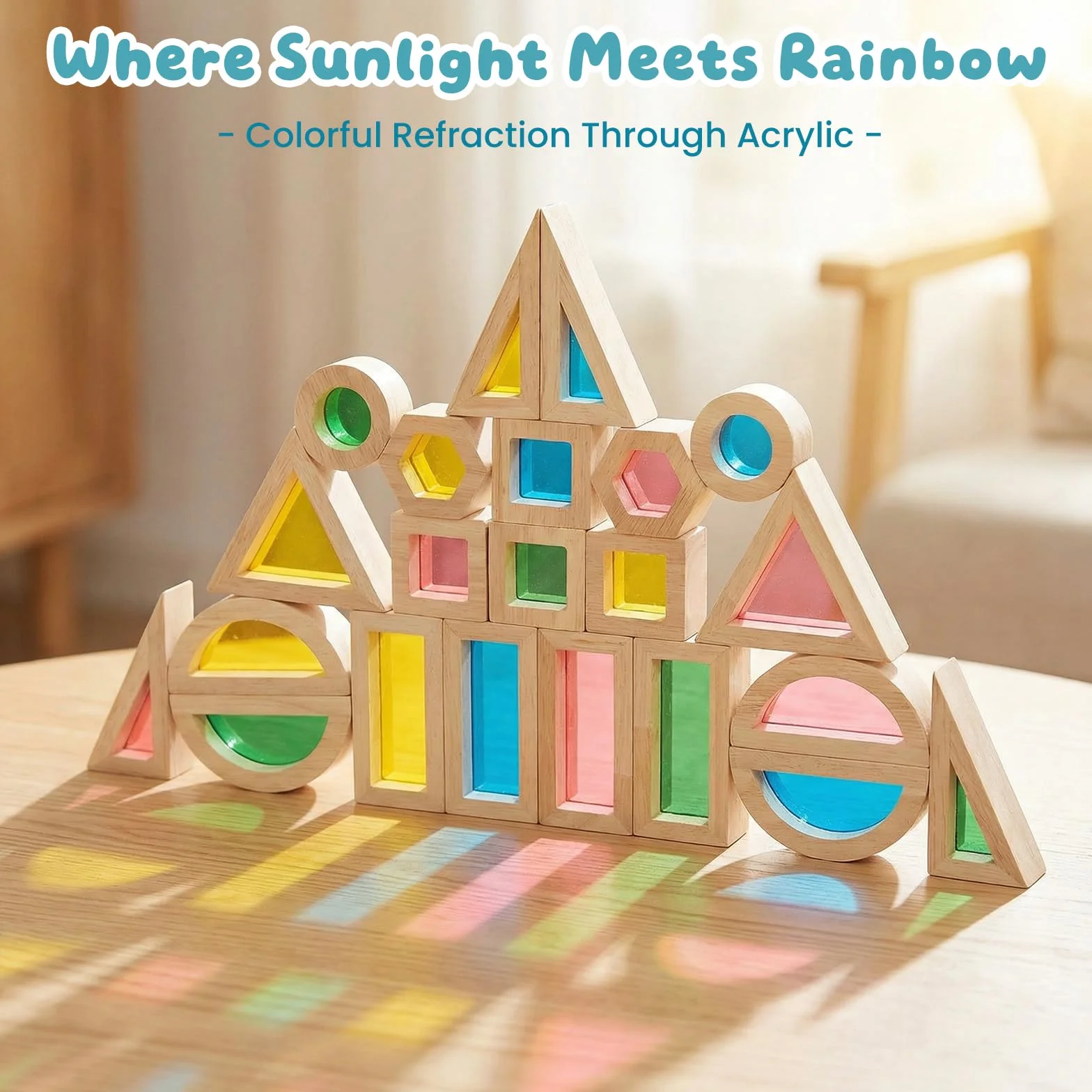 WOODENFEN 32 Pièces Blocs de Construction Arc en Ciel Acryliques Montessori Jouet pour Enfants en Bois