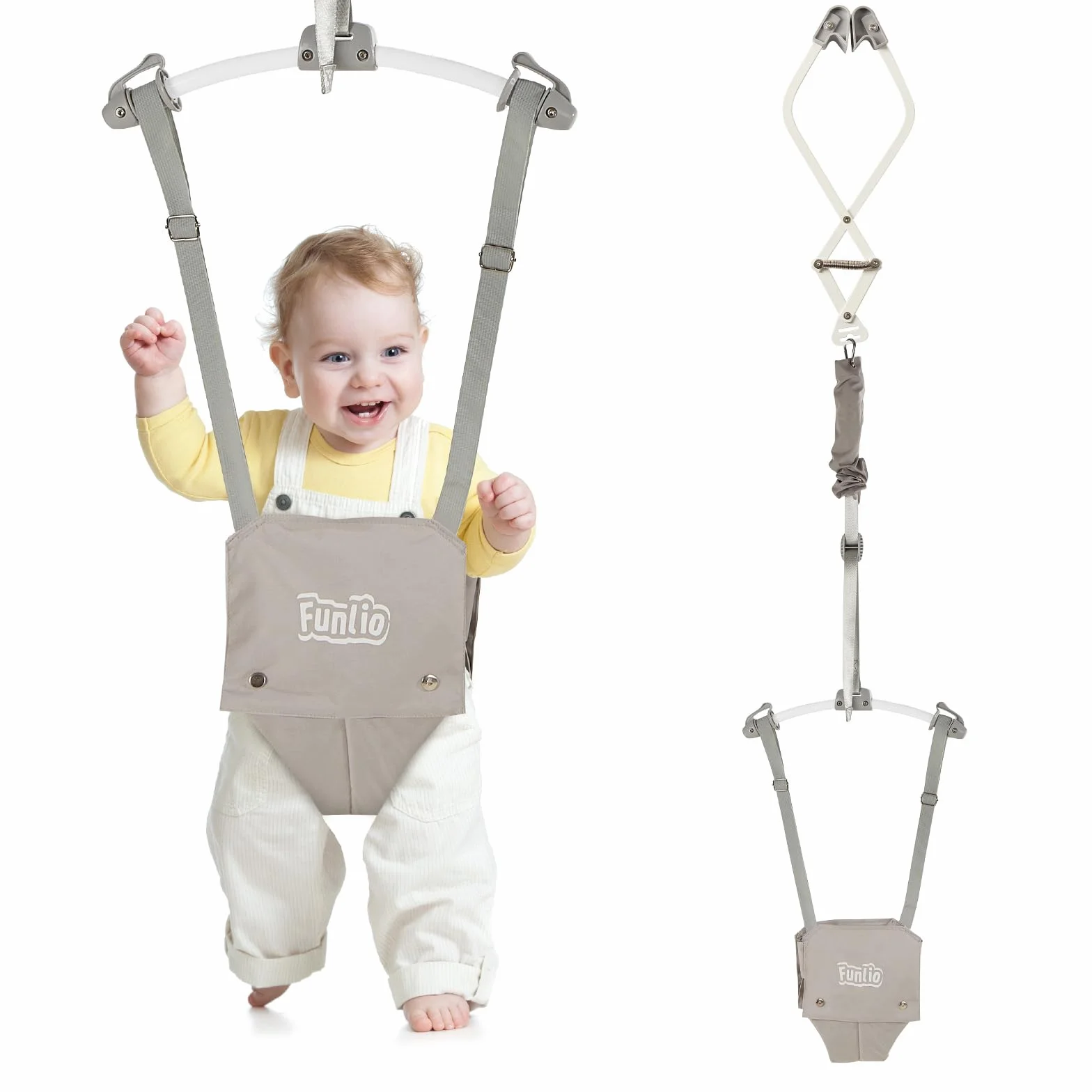 FUNLIO Transat de porte bébé 6-24 mois avec pince, ressort solide, sangle réglable, 18 kg, CE CPC - Gris