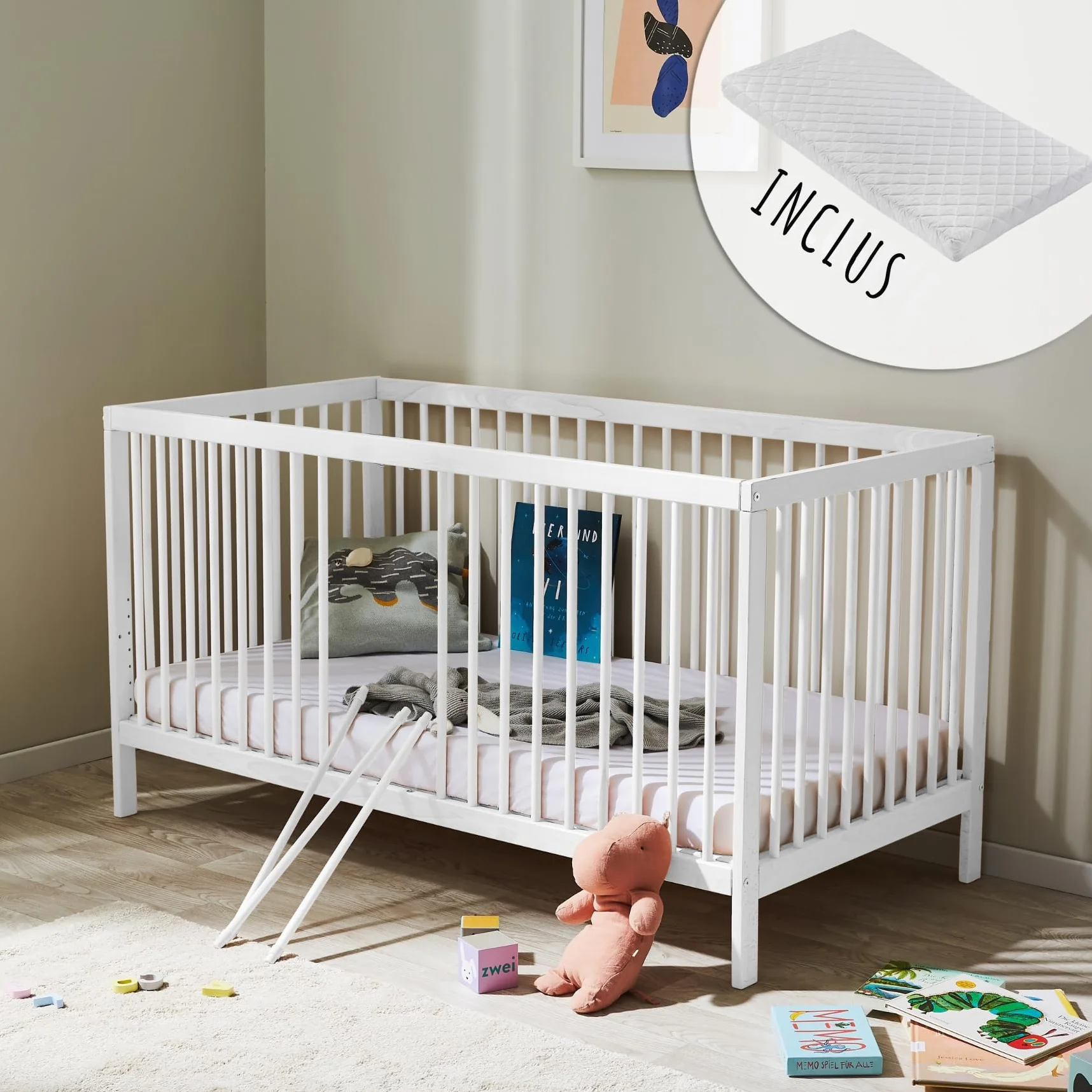 Kids Collective Lit bébé évolutif 60x120 70x140 cm Matelas Sommier hêtre Massif Blanc