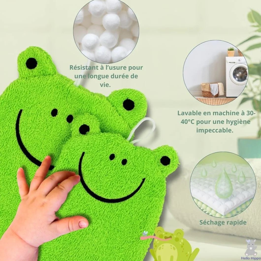 Hello Hippo Lot de 6 Gants de Toilette Bébé & Parents – Gants Douche Coton – Tigre, Grenouille, Poussin – 3 Gants Parents + 3 Enfants – Débarbouillette Lavable