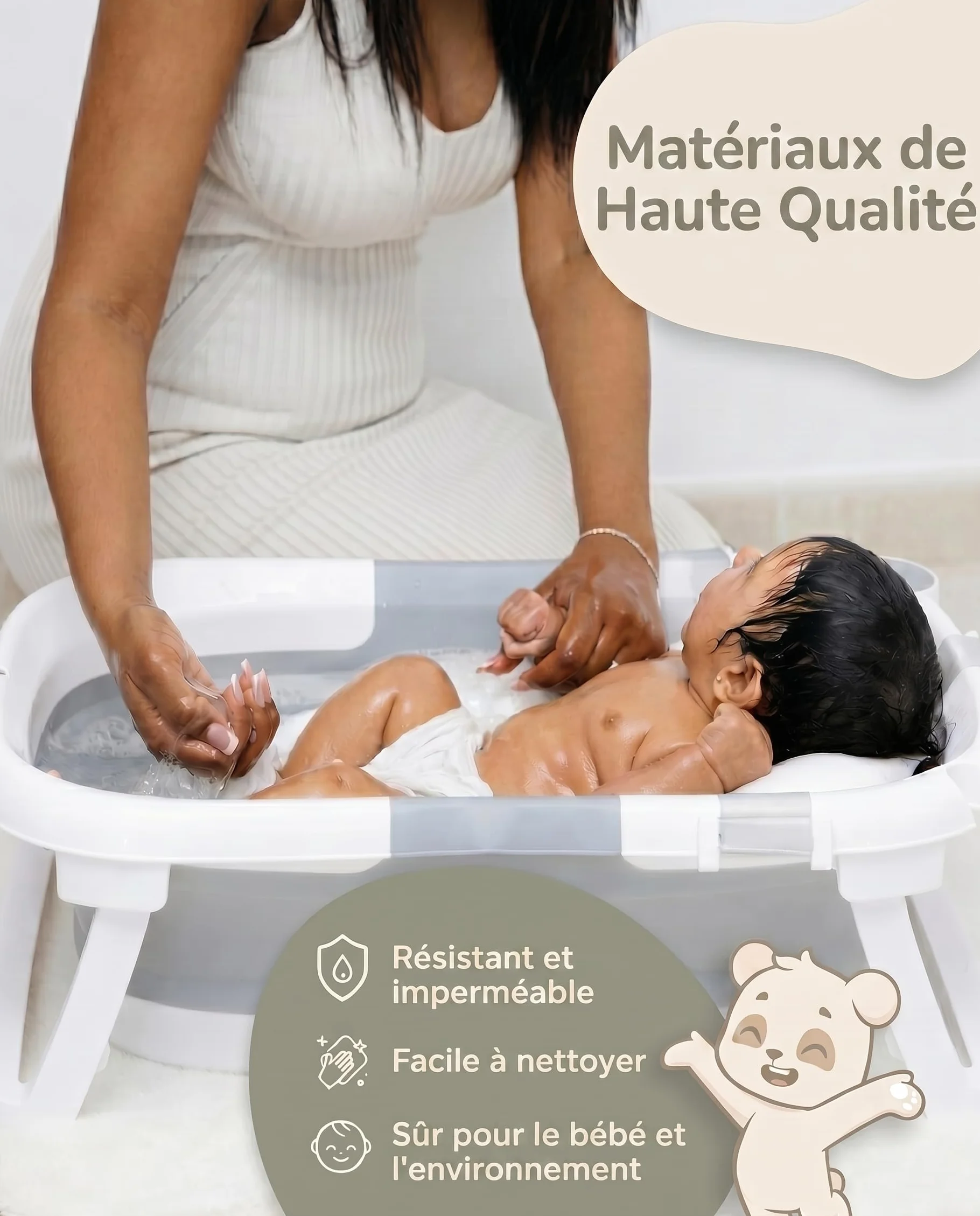 VALBABY Baignoire Pliable Bébé Portable avec Coussin Antidérapant Design Panda Grand et Rembourré Bain Baby Bath Tub