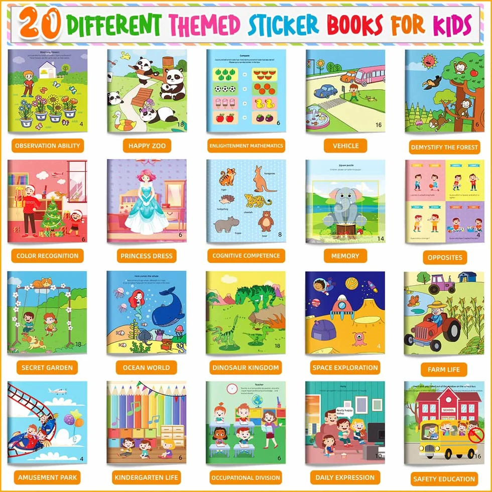 Felly Lot de 20 Livres d'Autocollants Réutilisables pour Enfant Montessori 2-6 Ans Jouet Educatif