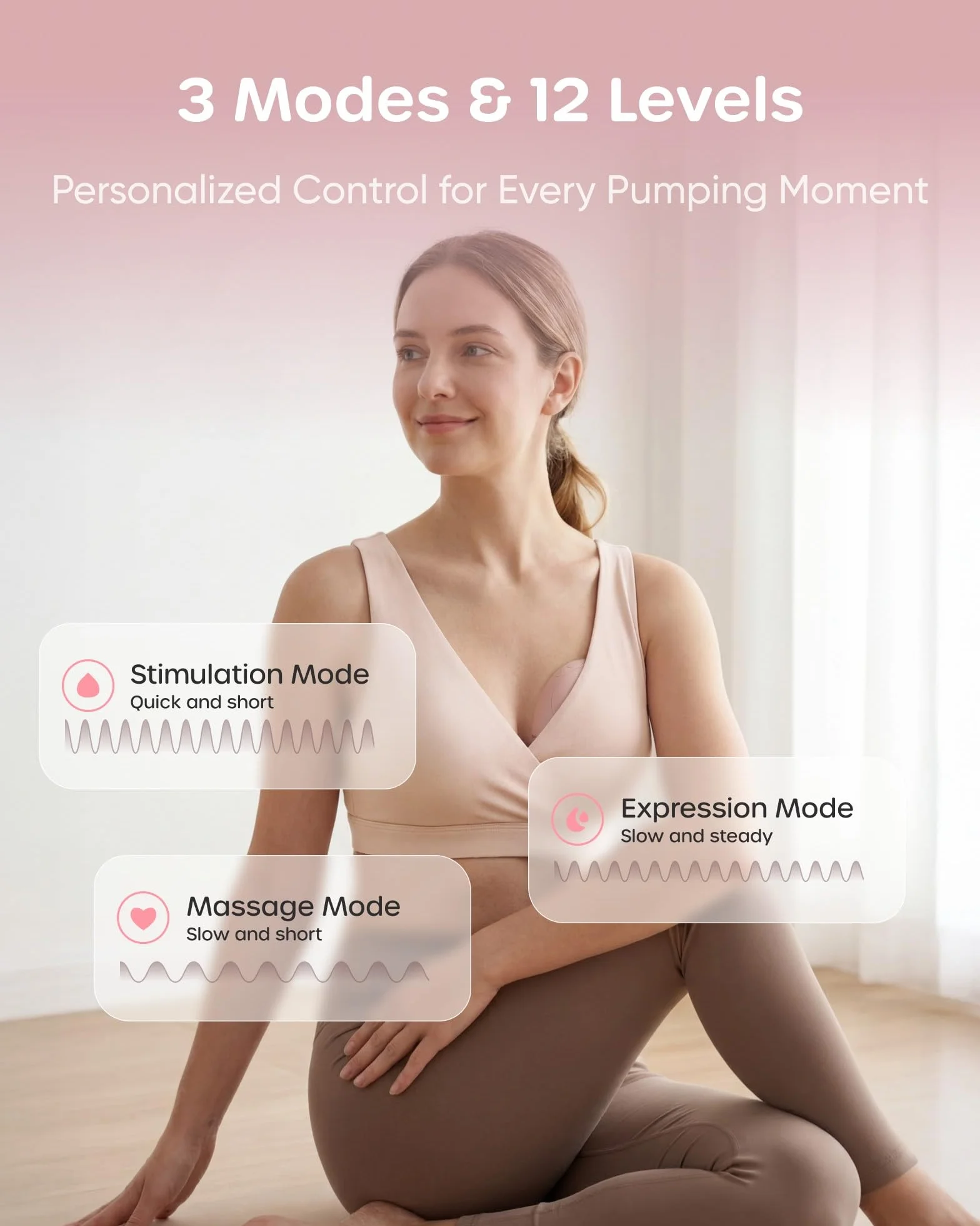 Nuliie JoyFlow Air Tire-lait électrique portable mains libres, 3 modes 12 niveaux, silencieux sans BPA, bride 27 mm, embouts 15/18/21/24 mm, 2 Packs Rose