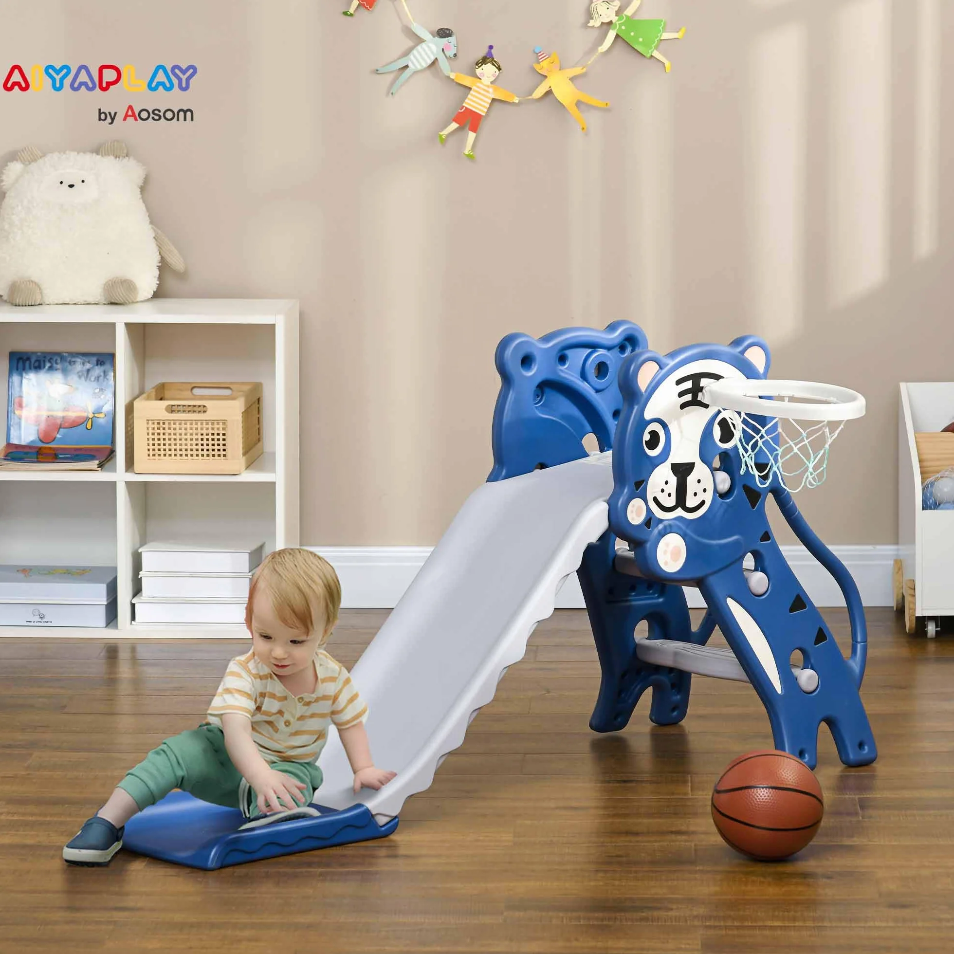 AIYAPLAY Toboggan pour Enfants avec Panier de Basket, Thème Tigre, 133x60x70 cm, Bleu