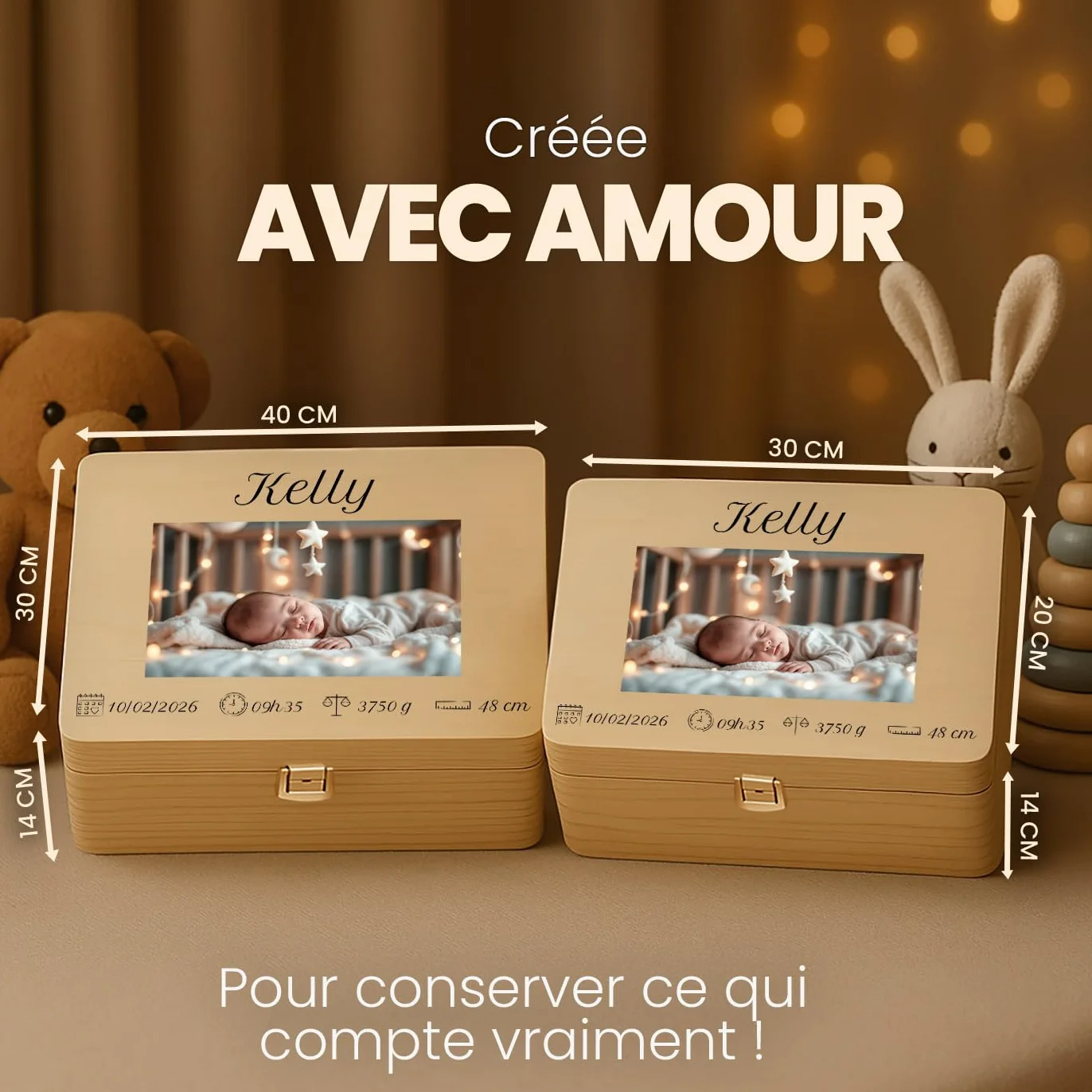 Maverton Boite de Rangement Personnalisable en Bois de Pin Naturel pour Bebe - Cadeau Naissance L/XL