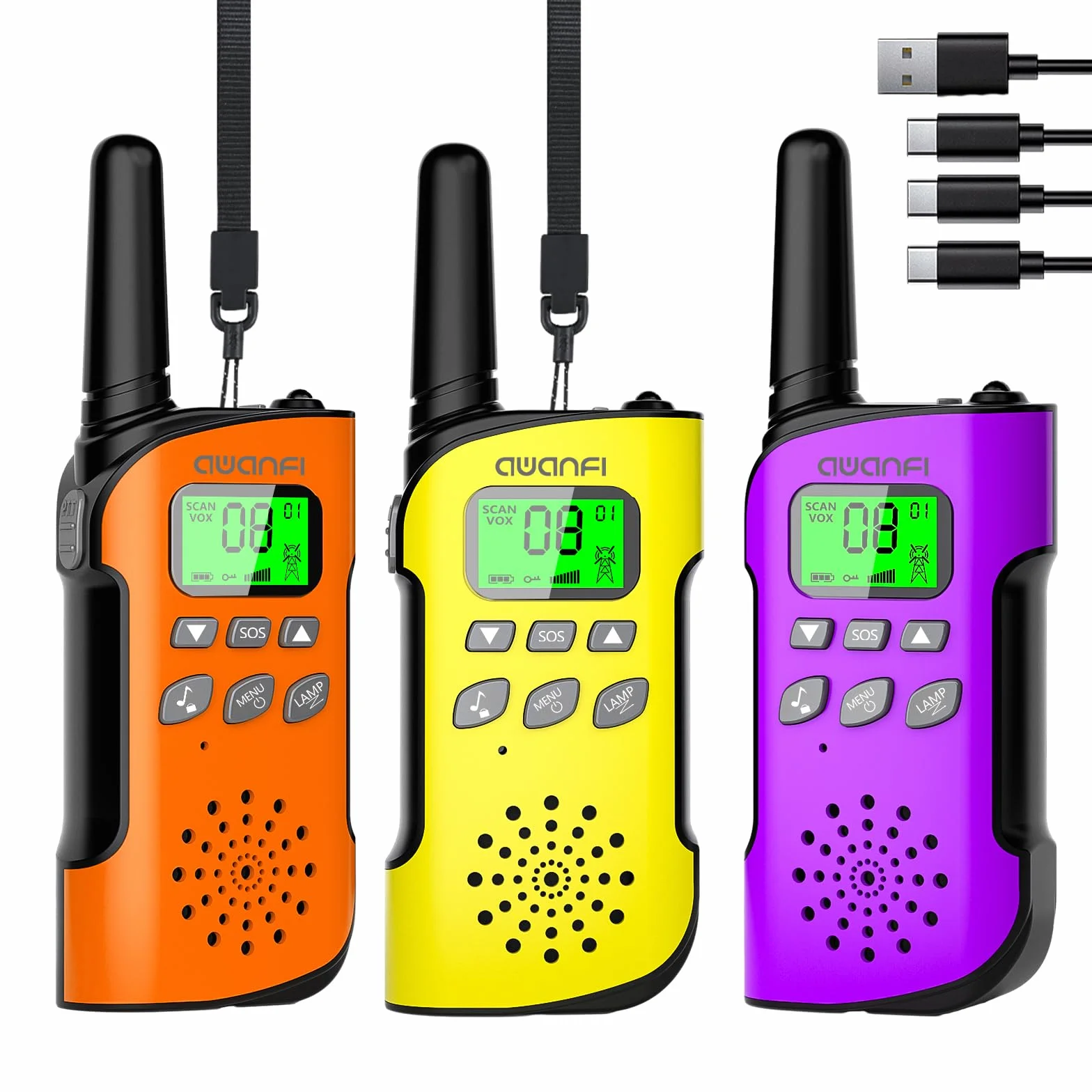 Talkie Walkie Enfants Adultes Rechargeable 3 Pièces, Longue Portée Lampe Torche 8 Canaux, USB Type C pour Camping Randonnée Vélo