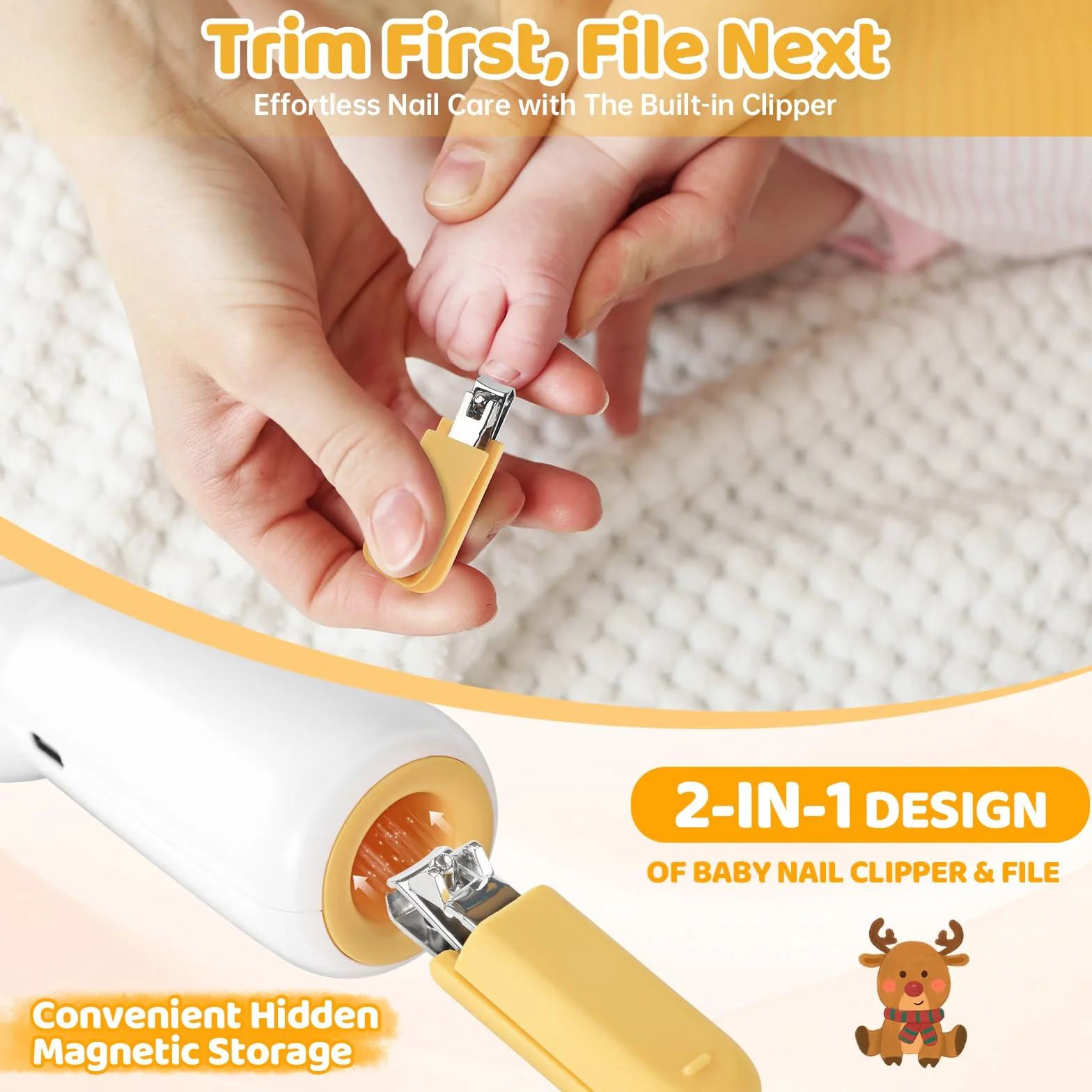 Lime à Ongle Électrique Bébé Rechargeable avec Coupe Ongle, 5 Têtes de Ponçage, Illuminé, Faible Bruit