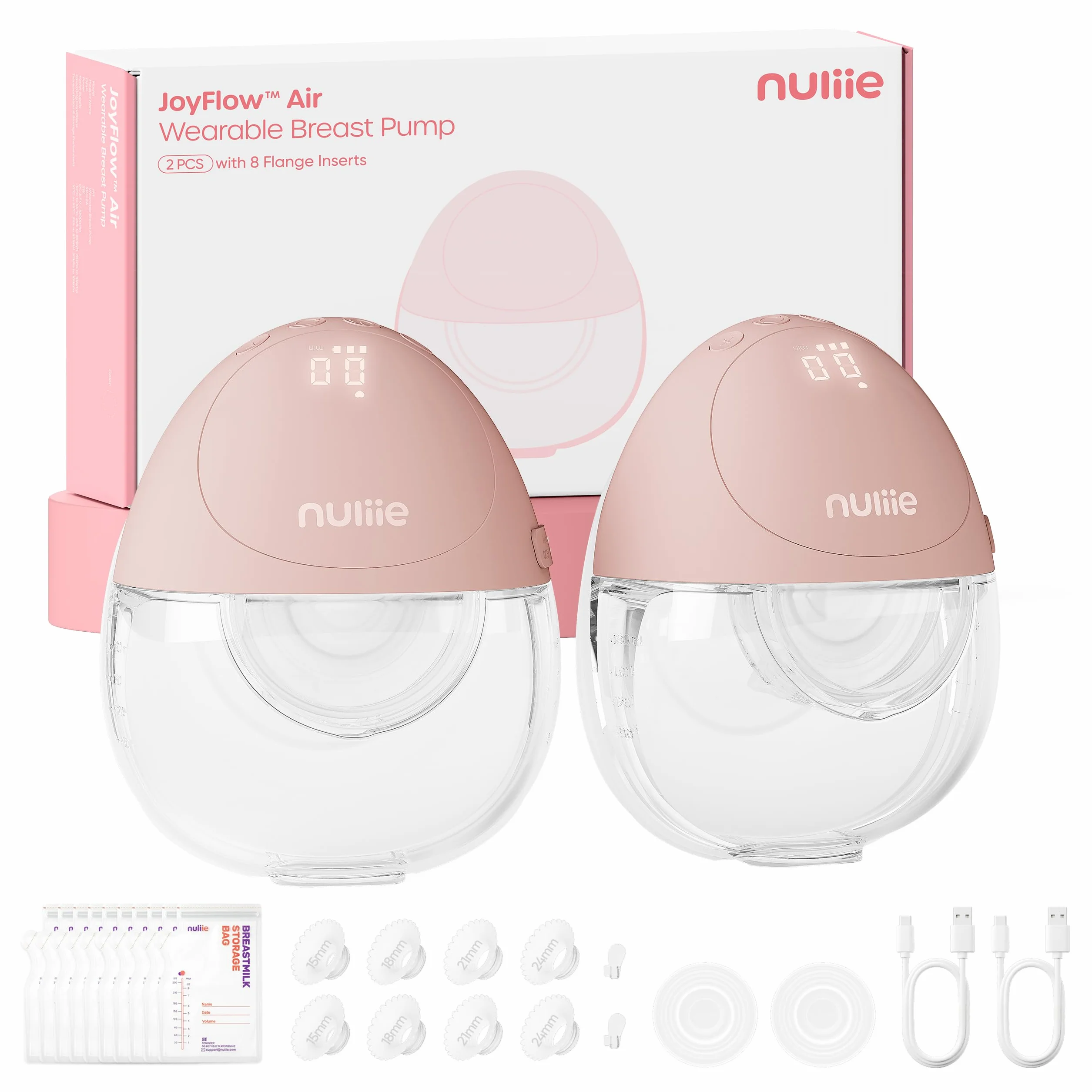 Nuliie JoyFlow Air Tire-lait électrique portable mains libres, 3 modes 12 niveaux, silencieux sans BPA, bride 27 mm, embouts 15/18/21/24 mm, 2 Packs Rose