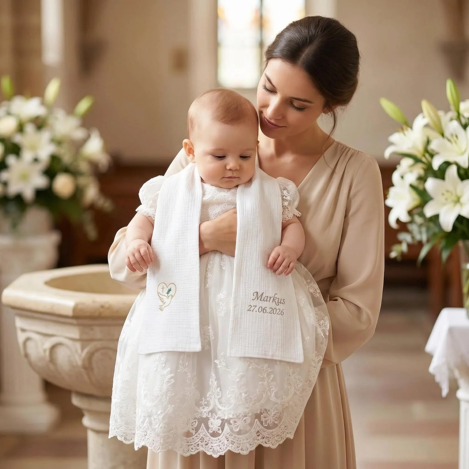 Écharpe de Baptême Personnalisée Bébé avec Broderie Prénom et Date – Double Gaze de Coton – Cadeau Baptême Garçon Fille