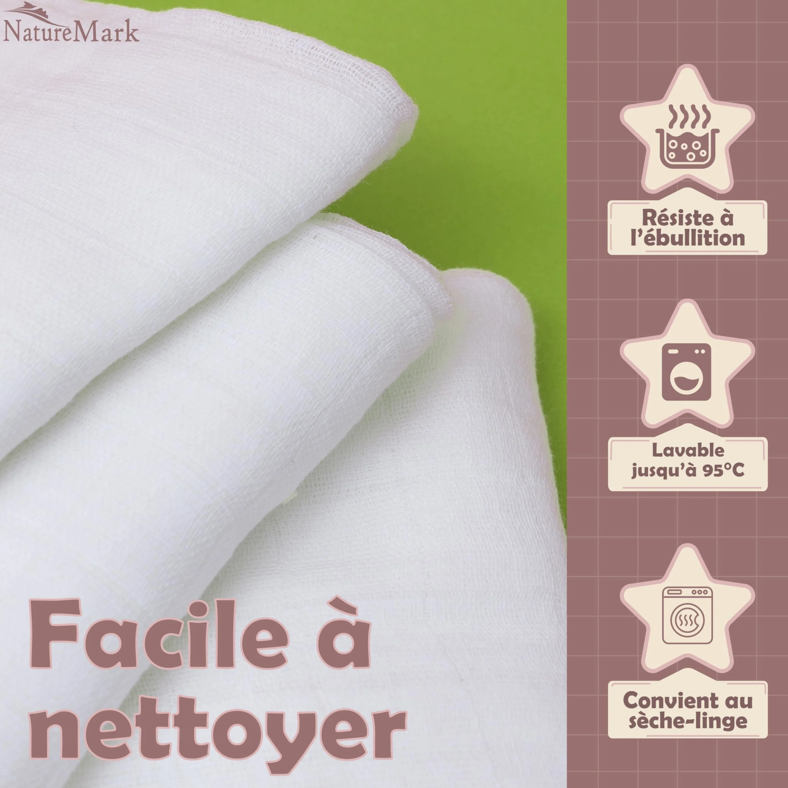 NatureMark Lot de 10 Linges en Mousseline pour Bébé 100% Coton 70x70 cm Blanc