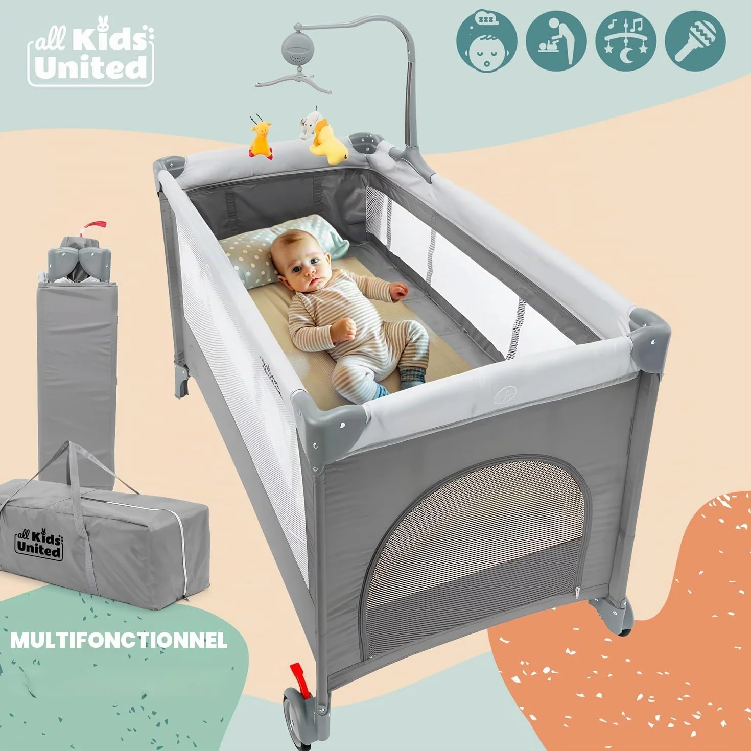 Lit de Voyage pour Bébé Deluxe all Kids United avec Matelas à Langer et Mobile Gris