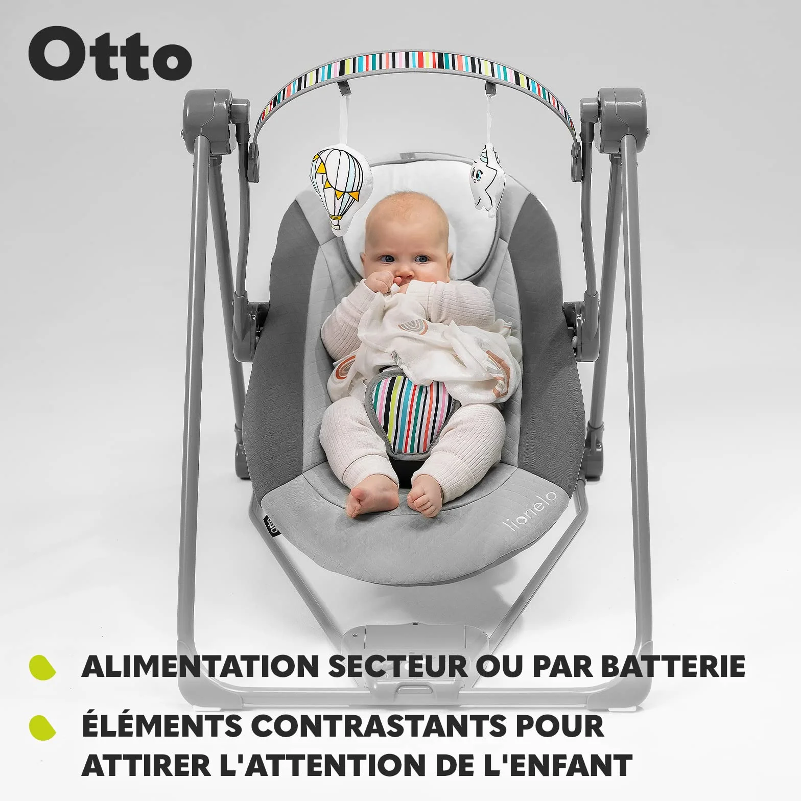 LIONELO Otto Transat Bebe Balancelle jusqu'à 9 kg, Jouets Interactifs, Sons de la Nature, 5 Vitesses de Bercement