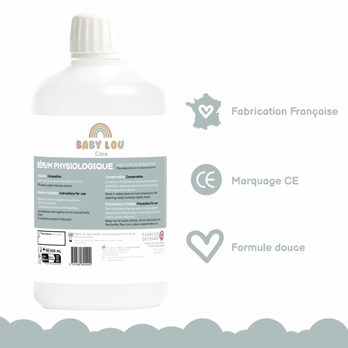 Sérum Physiologique 4x500 ml NaCl 0,9% Lavage des fosses nasales Hygiène du nez France